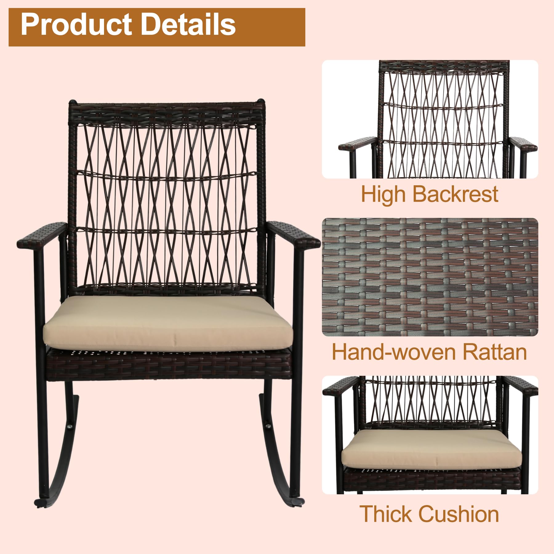 3-Piece Patio Conversation Set with 2 Rocking Chairs - Brown Wicker Rattan Outdoor Furniture with Coffee Table & Beige Cushions for Porch, Garden, Backyard, Lawn - Perfect for Relaxing, Entertaining & Outdoor Gatherings