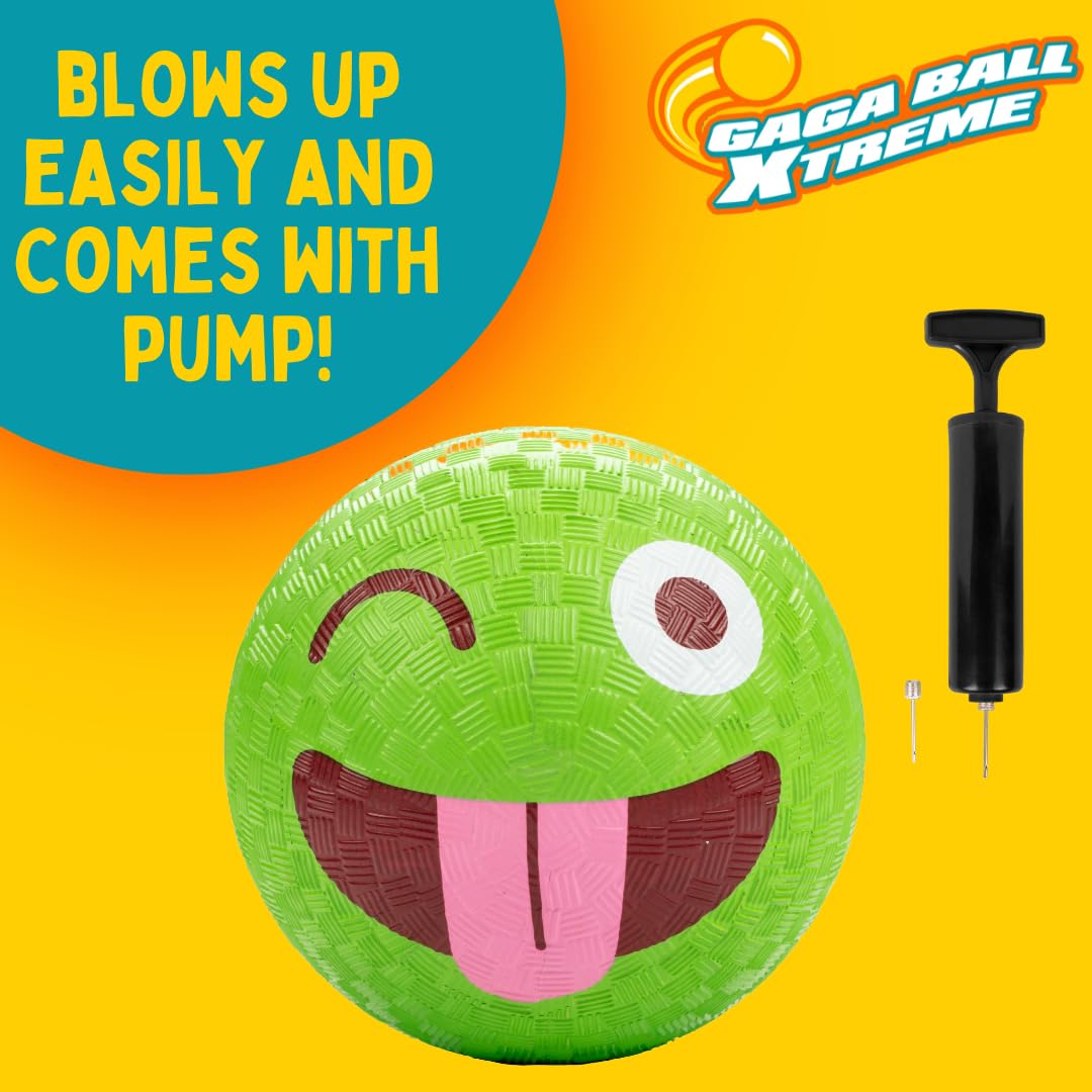 **5 Inch Gaga Ball Playground Set (4 Pack with Silly Faces) - Official Size Durable Rubber Dodgeball & Handball for Kids - Includes Air Pump - Perfect for Outdoor Play, 4 Square, Birthday Parties & School Recess Games**