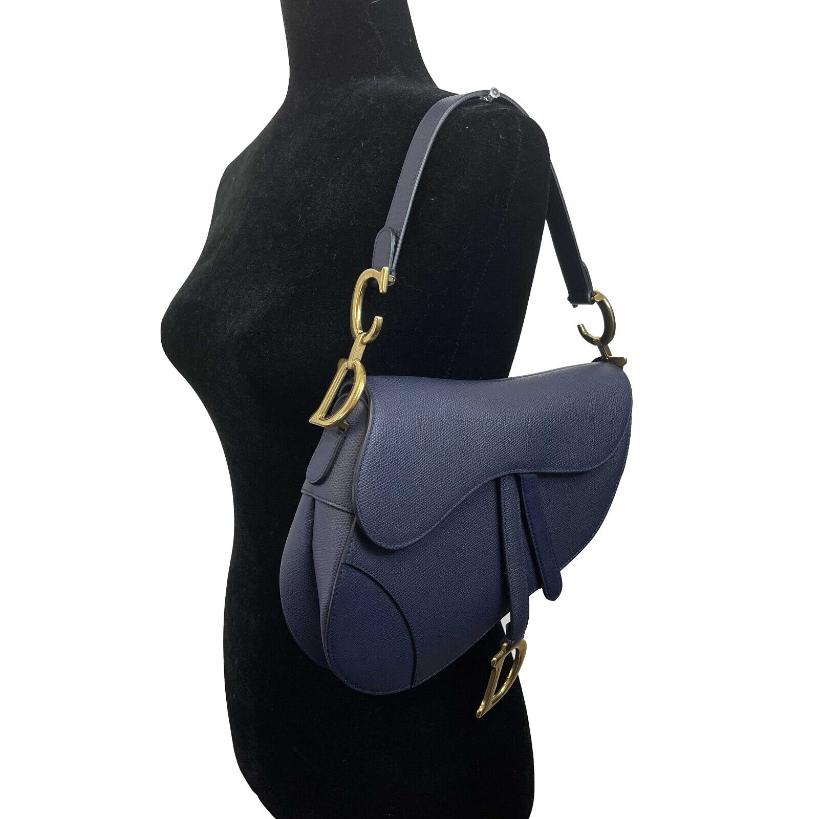 Christian Dior Calfskin Leather Saddle Bag - Navy Blue & Gold CD Shoulder Bag for Women | Luxury Designer Handbag for Everyday Use, Work & Special Occasions