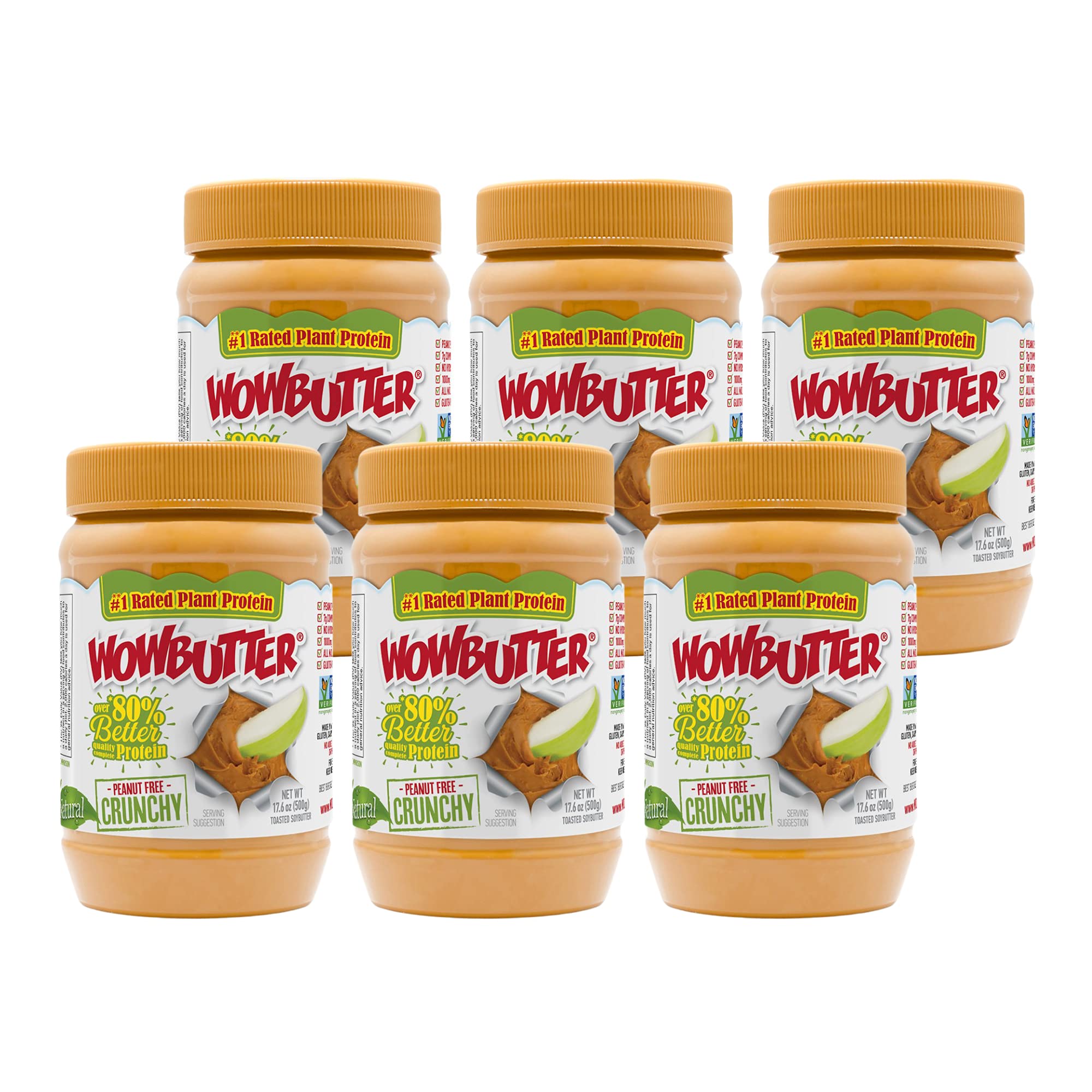 WOWBUTTER Crunchy Soy Butter Spread - Peanut Free, Tree Nut Free, Vegan, Gluten Free, Non-GMO - 1.1lb (Pack of 6) - Perfect for Sandwiches, Baking & Healthy Snacks