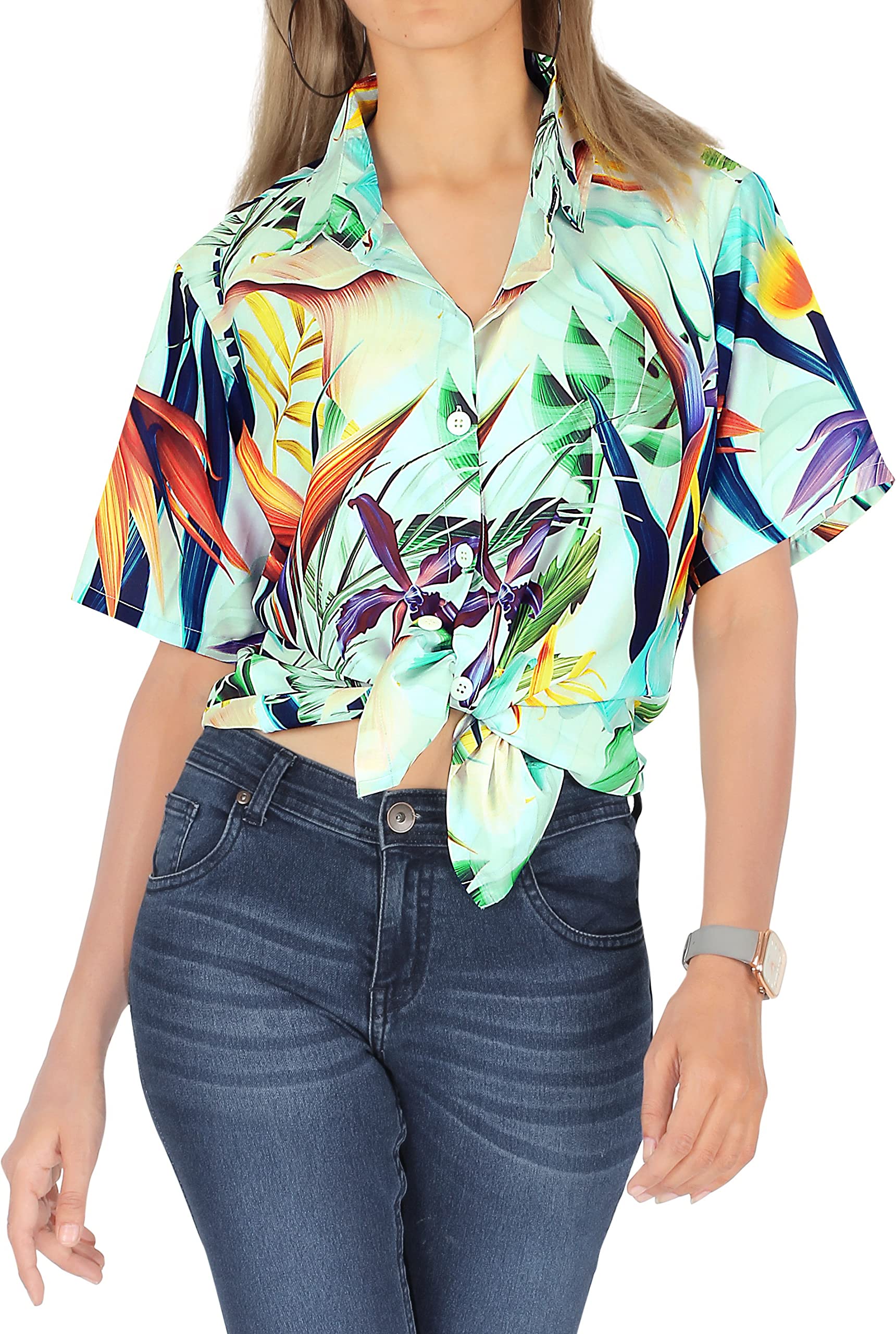 Happy Bay Women's Short Sleeve Hawaiian Shirt - Tropical Floral Print Vacation Blouse for Beach, Summer & Casual Outfits