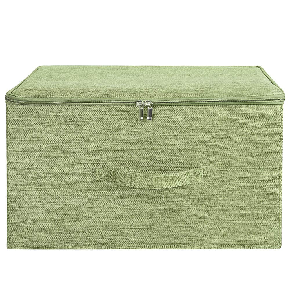 ANMINY 2-Pack Large Foldable Storage Bins with Zipper Lid & Handles - PP Plastic Board & Cotton Linen Fabric Organizer Box for Closet, Clothes, Toys, Home Organization (Green) - Perfect for Bedroom, Nursery, Office & Travel Storage Solutions