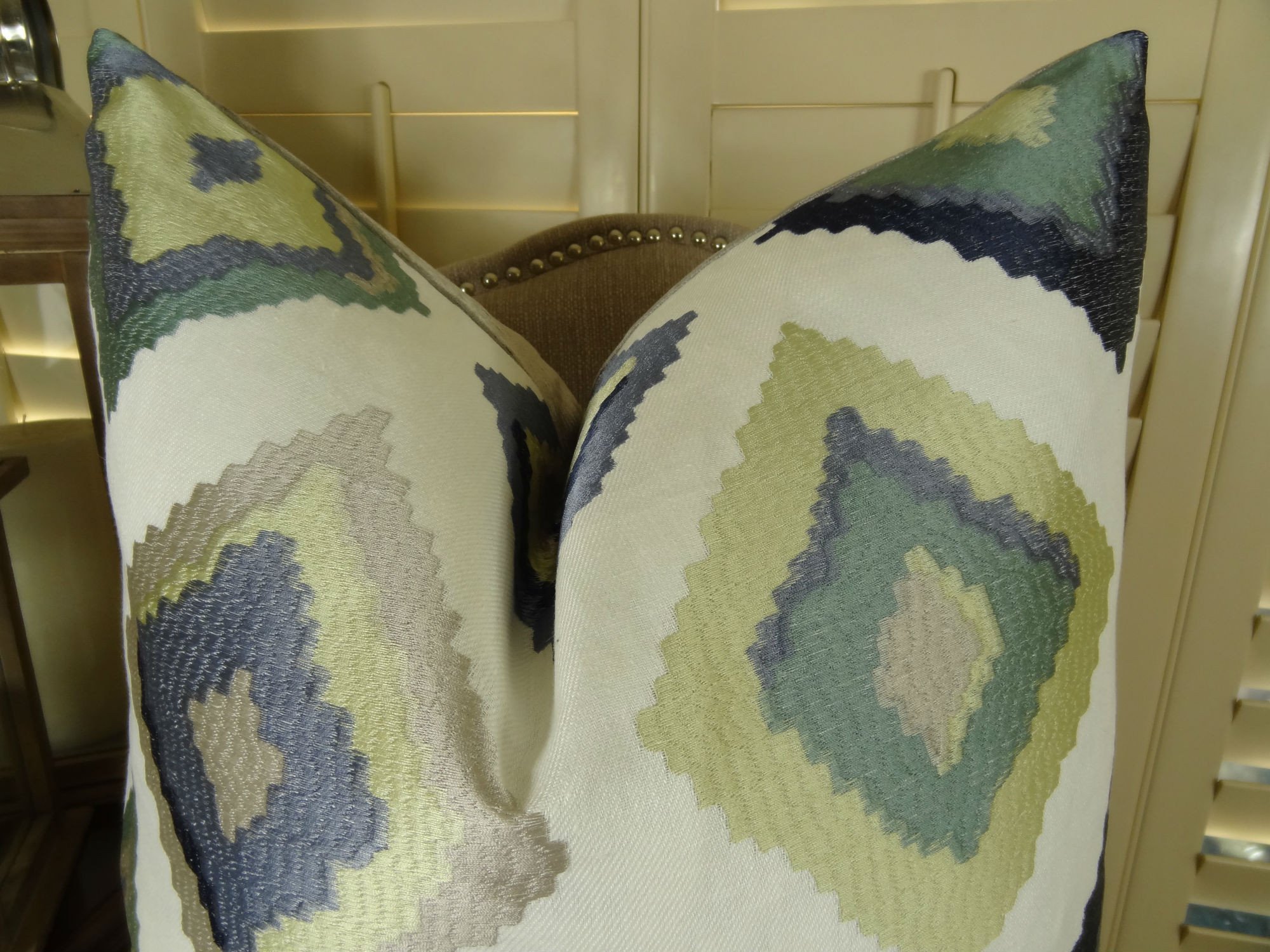 Geometric Pattern Decorative Throw Pillow - Handmade Embroidered Couch Pillow in Lime, Taupe, Lavender & White - USA Made Home Decor for Living Room, Bedroom & Sofa