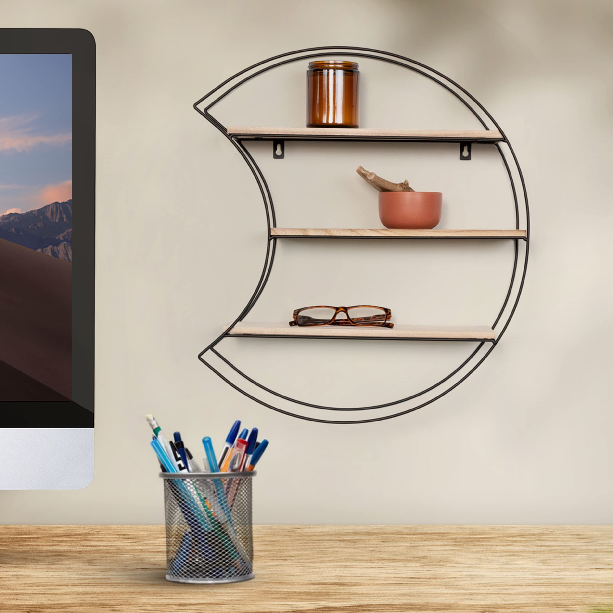 Greenco Geometric Moon Shaped Floating Wall Shelf - Rustic Wood & Metal Wire Home Decor Storage - Perfect for Bedroom, Living Room, Bathroom, Kitchen & Office - Natural Finish | Ideal for Displaying Books, Plants & Decorative Items in Small Spaces