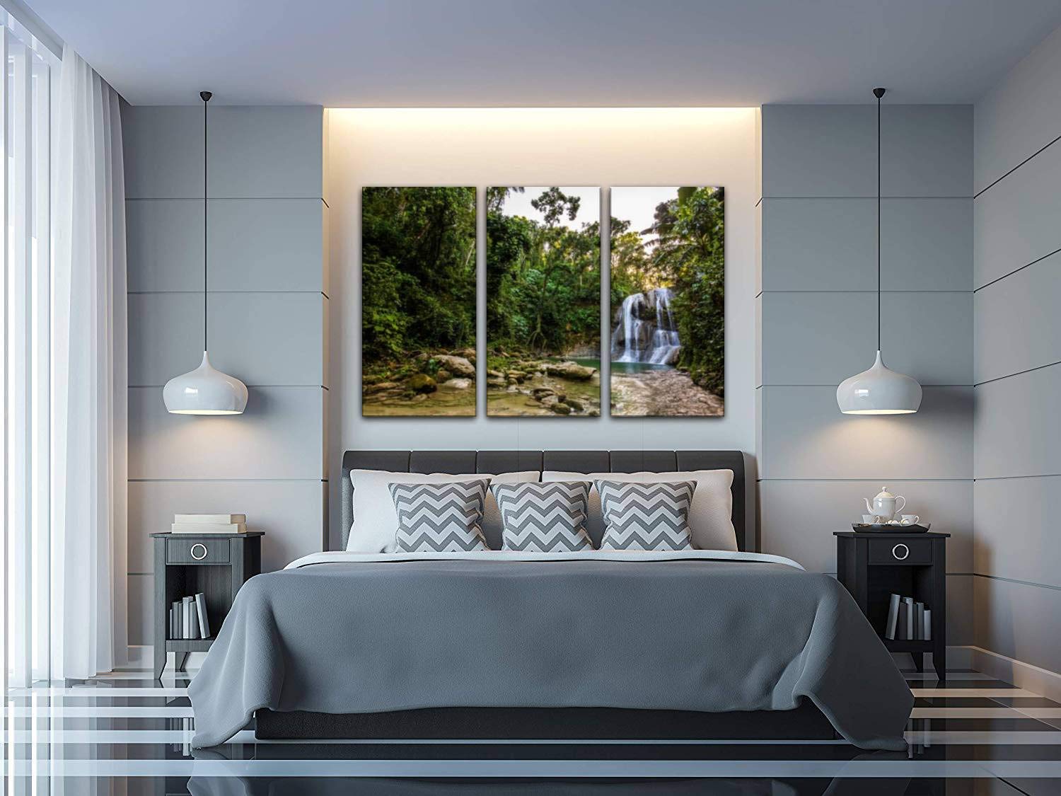 Stunning Gozalandia Waterfall in San Sebastian Puerto Rico Canvas Wall Art - 3 Panel Natural Landscape Paintings for Living Room & Bedroom Decor - Tropical Waterfall Poster for Home, Office & Vacation House Wall Decoration