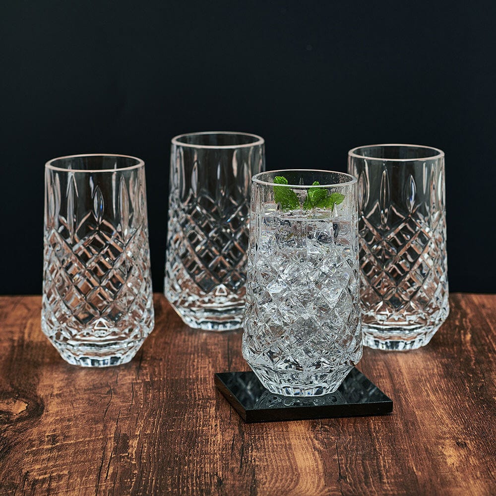 Premium Wesley Set of 4 Crystal Clear Highball Glasses - 16oz Tall Drinking Glasses for Cocktails, Iced Tea & Smoothies - Perfect for Home Bars, Parties & Entertaining
