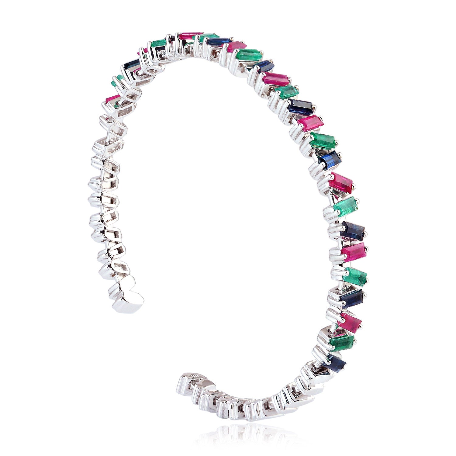 18K White Gold Baguette Ruby Blue Sapphire Emerald Open Cuff Bracelet for Women - Perfect for Weddings, Anniversaries & Special Occasions