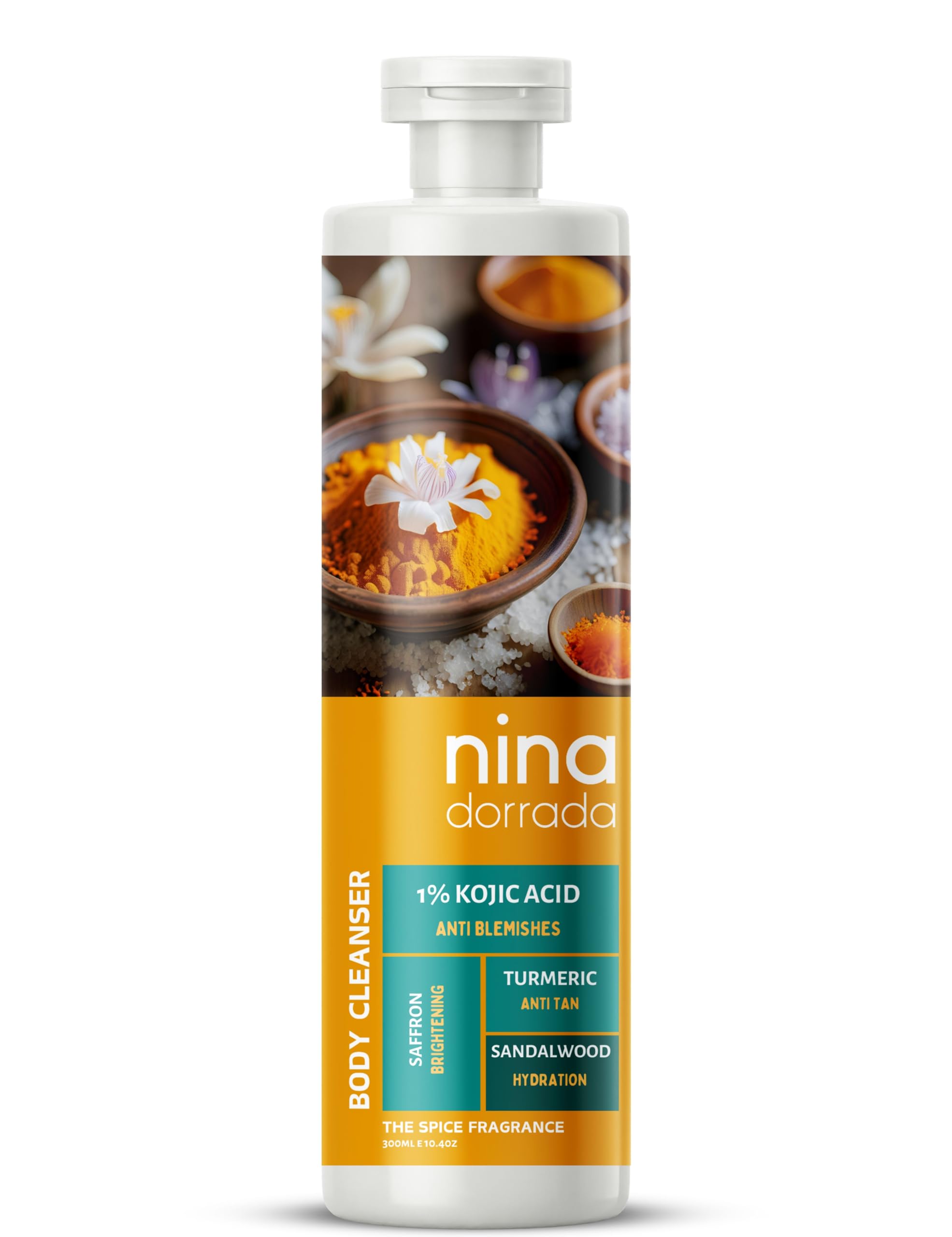 Nina Dorada 1% Kojic Acid Body Wash with Turmeric & Saffron - Brightening Shower Gel for Dark Spots & Uneven Skin Tone | Anti-Blemish Cleanser for Oily & Combination Skin | 300ml | Perfect for Summer Skin Care & Post-Sun Recovery