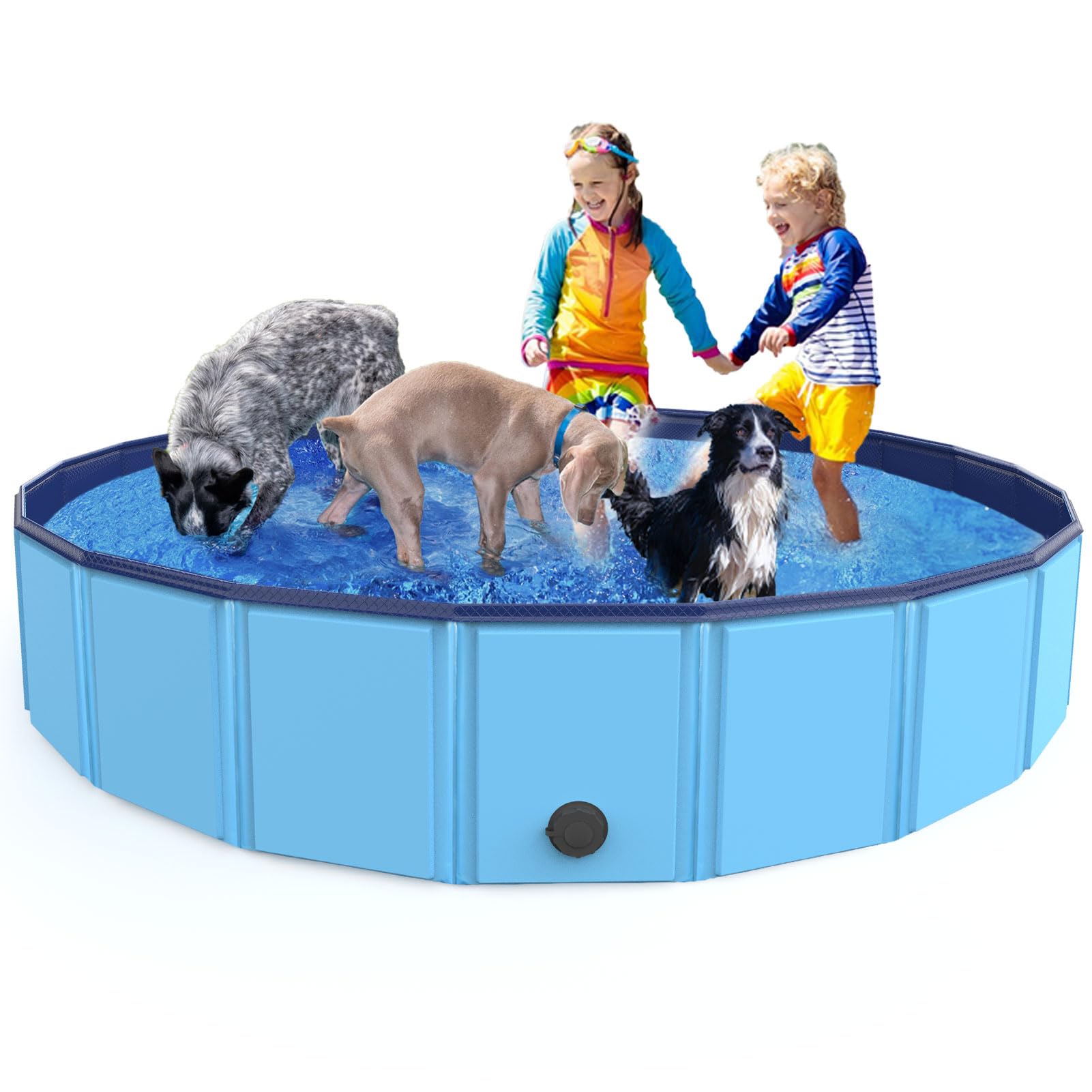 Foldable Dog Pool - Portable PVC Pet Swimming & Bathing Tub with Drainage for Dogs, Cats & Kids (63