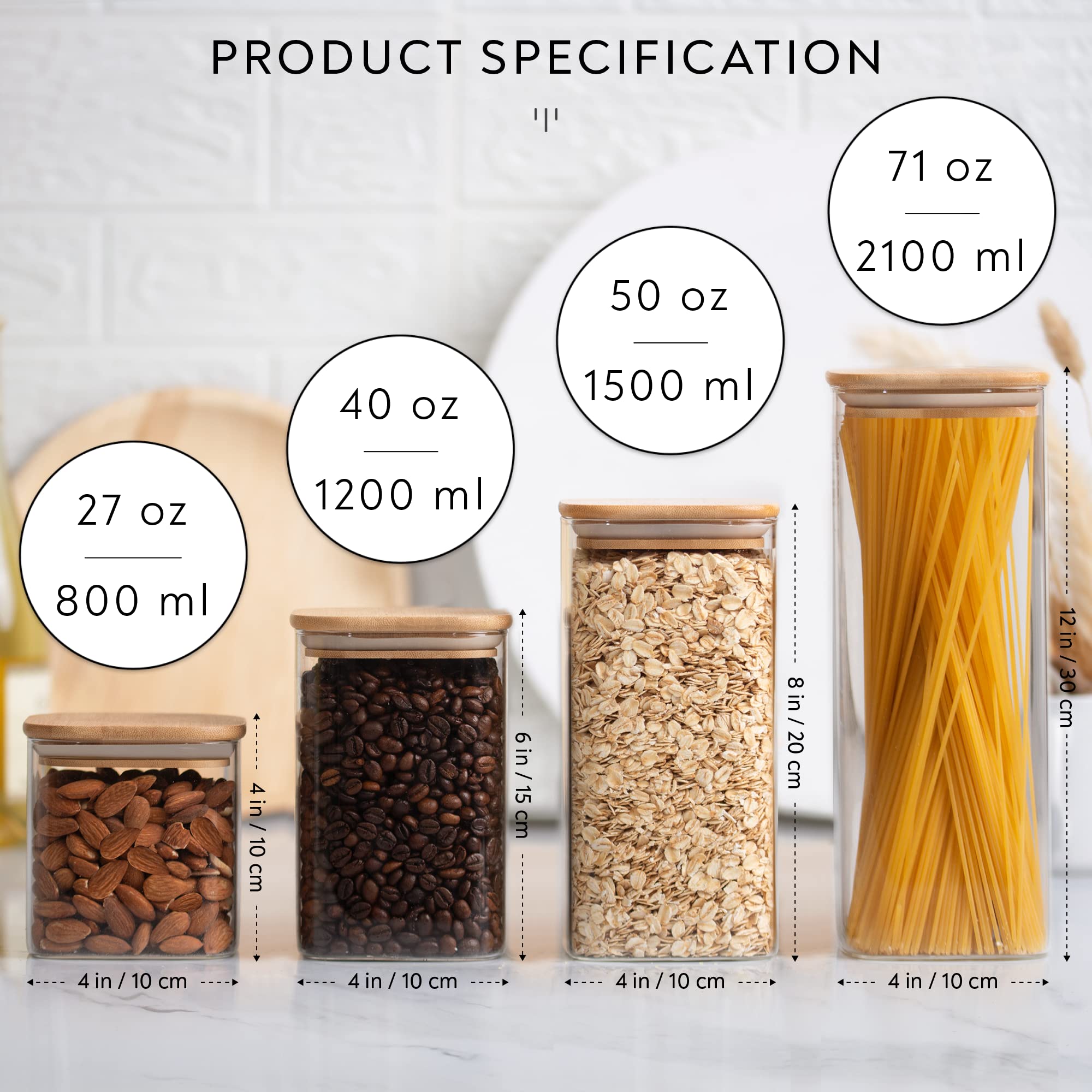 Premium Glass Jar Set with Bamboo Lids - 6-Piece (2x27oz, 2x40oz, 2x50oz) Square Canister Food Storage Containers + 160 Minimalist Pantry Labels & Custom Stickers - Ideal for Kitchen Organization, Pantry Storage, and Bulk Food Preservation