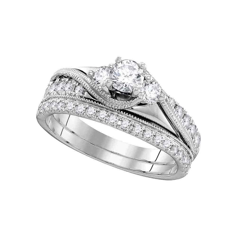 14K White Gold Women's Round Diamond Three Stone Bridal Wedding Engagement Ring Set 7/8 Cttw - Perfect for Proposals, Anniversaries & Special Occasions