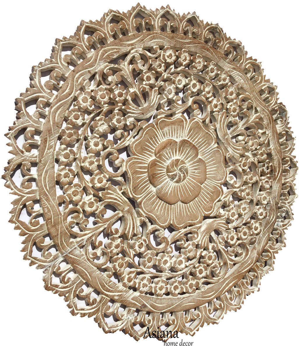 Asiana Home Decor Round Floral Wood Wall Art Plaque - 24 Inch Whitewashed Handmade Wall Hanging for Living Room, Bedroom, and Office Decor