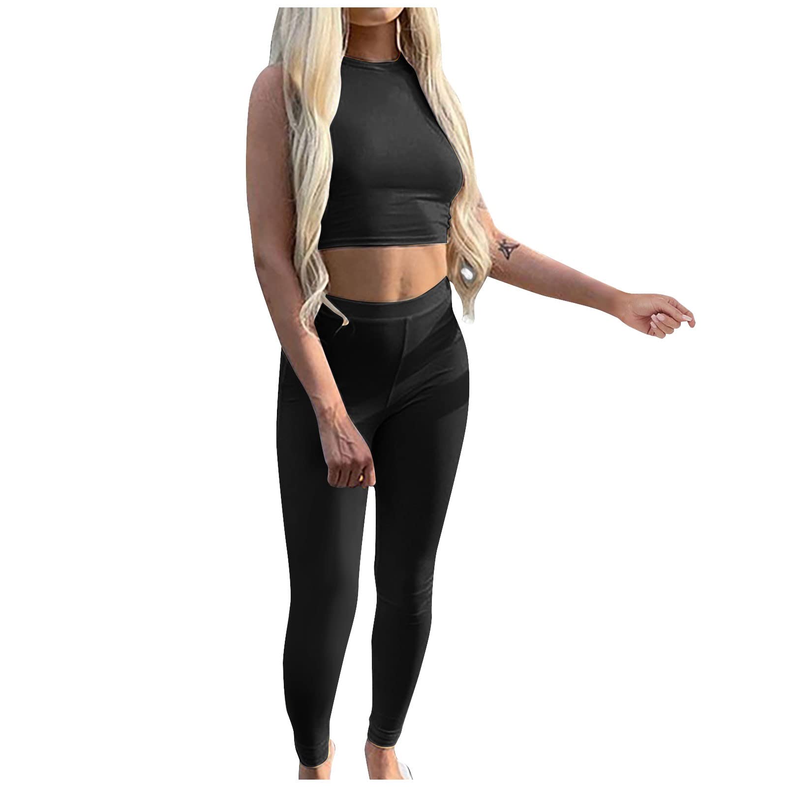 Women's Summer Sportswear Set - Solid Rib Knit Sleeveless Top & High-Waist Leggings 2-Piece Outfit for Yoga, Running & Gym Workouts