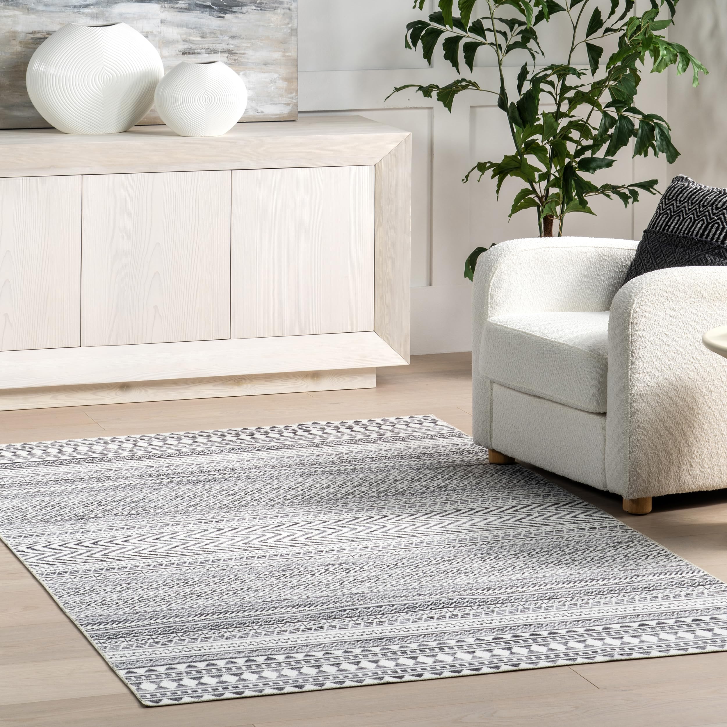 nuLOOM 8' Square SpinClean Machine Washable Stain-Resistant Area Rug with Non-Slip Backing - Low Profile for Living Room, Bedroom & Dining Room - Kira Grey | Perfect for High-Traffic Areas, Pet-Friendly Homes & Modern Decor