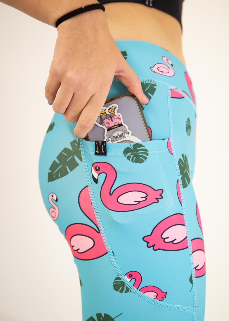 Women's Blue Flamingo Print Yoga Leggings - High Waisted Stretchy Workout Pants for Running, Gym & Lounge Wear