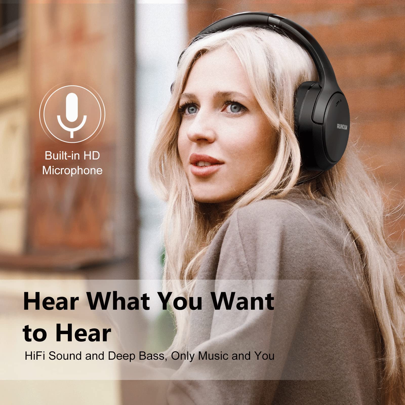 RUNOLIM Hybrid Active Noise Cancelling Wireless Over-Ear Bluetooth Headphones with Microphone - 70H Playtime, HiFi Audio & Deep Bass - Foldable Design for Home, Travel, Office & Commuting