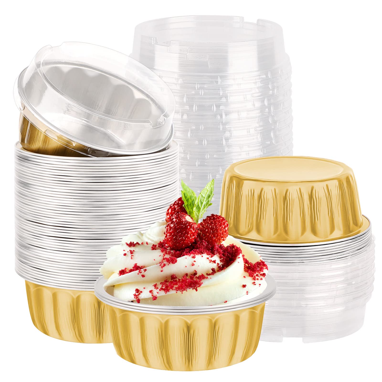 EUSOAR 50-Pack Gold Aluminum Foil Baking Cups - 8oz Disposable Cupcake Liners & Creme Brulee Ramekins | Reusable Flan Molds & Dessert Containers with Lids | Perfect for Baking, Party Treats & Food Storage