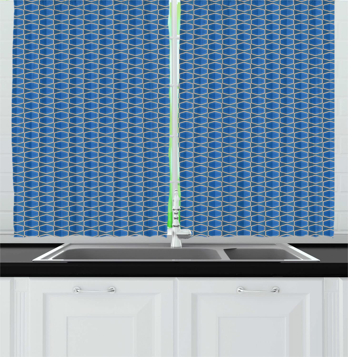 Ambesonne Retro Long Kitchen Curtains - Geometric Moroccan Talavera Design with Diagonal Mosaic Patterns, 55