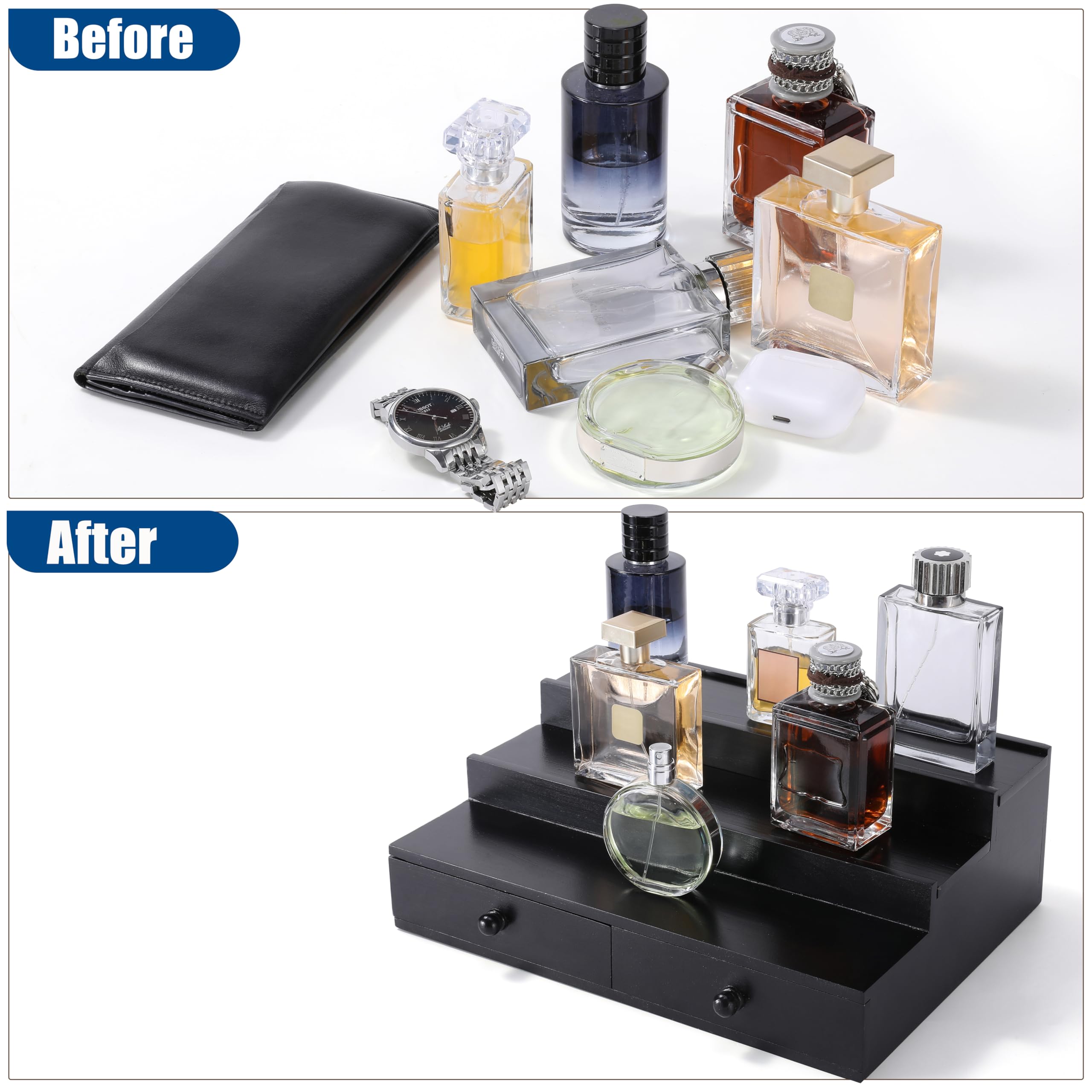 Premium 3-Tier Wooden Cologne Organizer for Men with Drawer & Hidden Compartment - Perfume Display Shelf - Perfect Gift for Him (Black) - Ideal for Bedroom, Bathroom & Vanity Organization