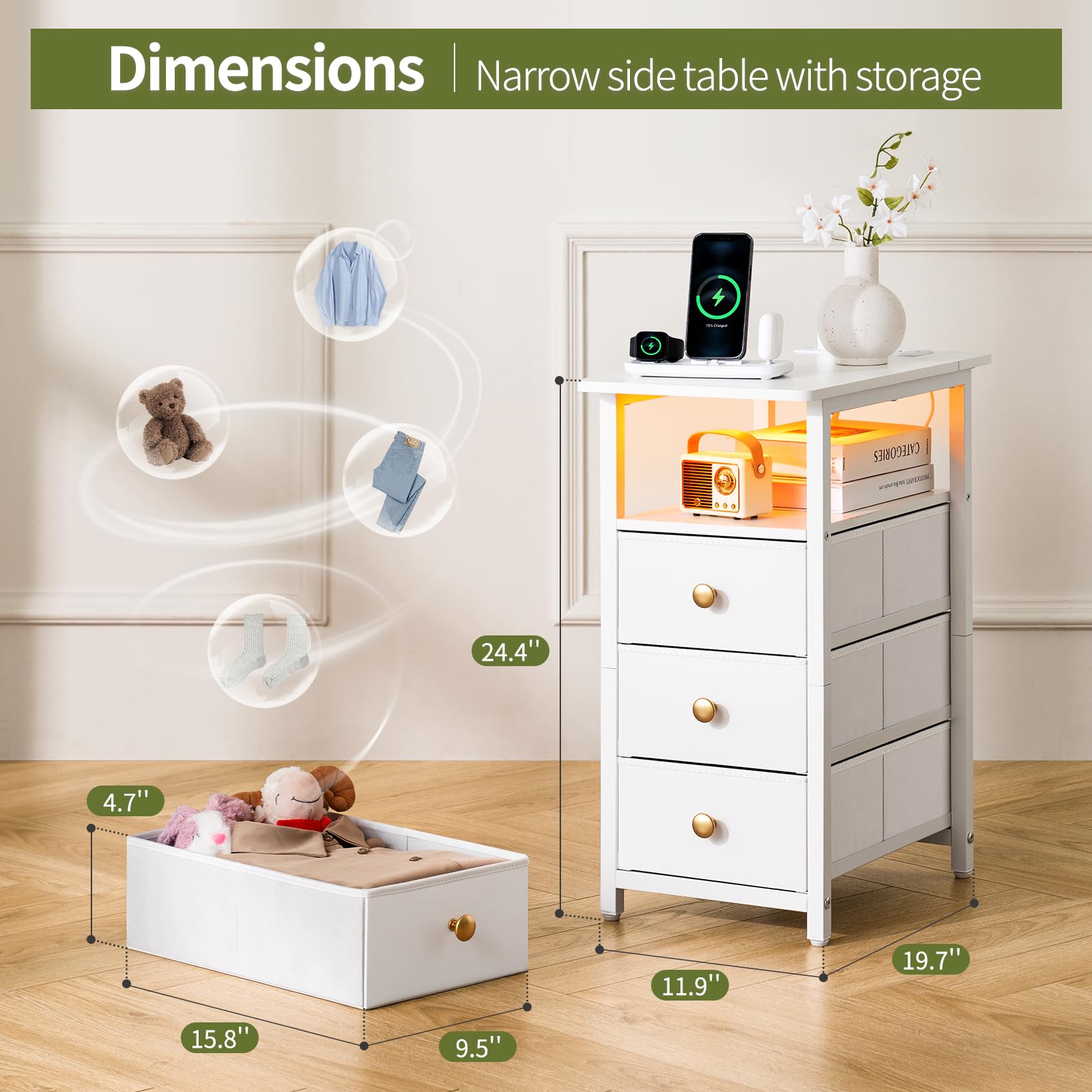 Yoobure LED Narrow End Table with Charging Station - Small Nightstand with 3 Fabric Drawers, Skinny Side Table for Bedroom, Living Room & Small Spaces - Perfect for Bedside Storage, Phone Charging & Home Decor