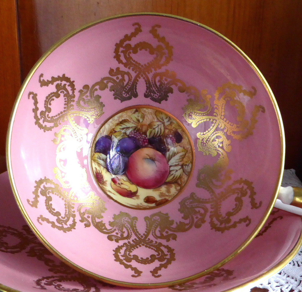 Vintage Aynsley Pink & Gold Overlay Bone China Cup and Saucer Set with Fruit Design - Elegant Tea Set for Afternoon Tea, Bridal Shower, or Collectible Display (1950s)