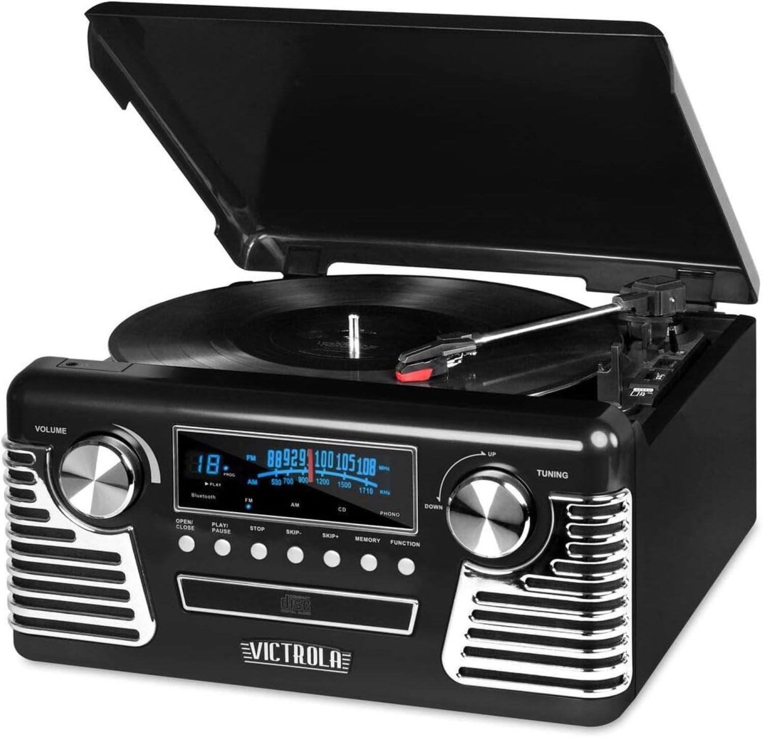 Victrola Vintage 50s Retro Bluetooth Record Player with Built-in Speakers - 3-Speed Turntable, CD Player, AM/FM Radio, Wireless Streaming | Perfect for Home, Office & Retro Music Lovers | Black