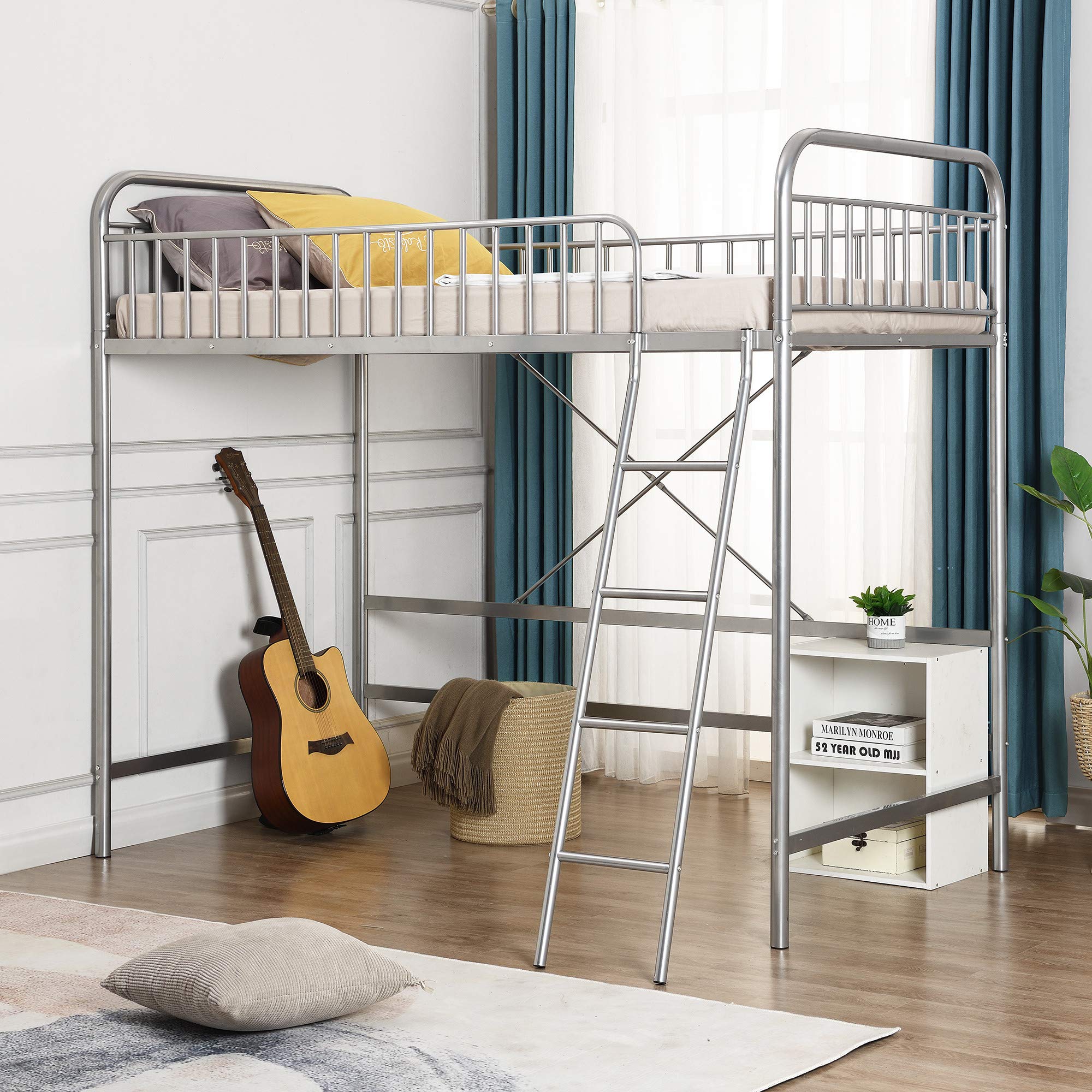 Space-Saving Twin Loft Bed with Full Guardrails & Ladder - Heavy Duty Metal Frame for Kids & Teens - No Box Spring Needed (Silver) - Perfect for Small Bedrooms, Dorms & Shared Kids' Rooms