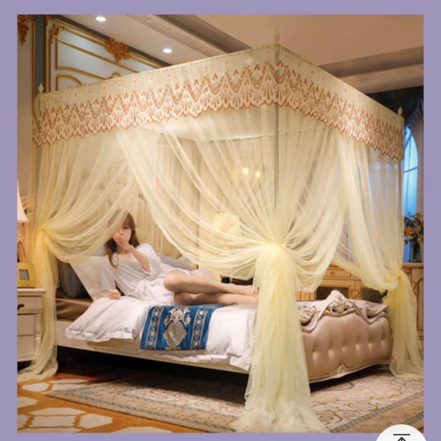 4 Corner Mosquito Net Canopy Bed Frame - Thickened Post Poles with Curtain for King Size Bed | Bedroom Decoration in Yellow | Perfect for Outdoor Camping & Indoor Bedroom Protection