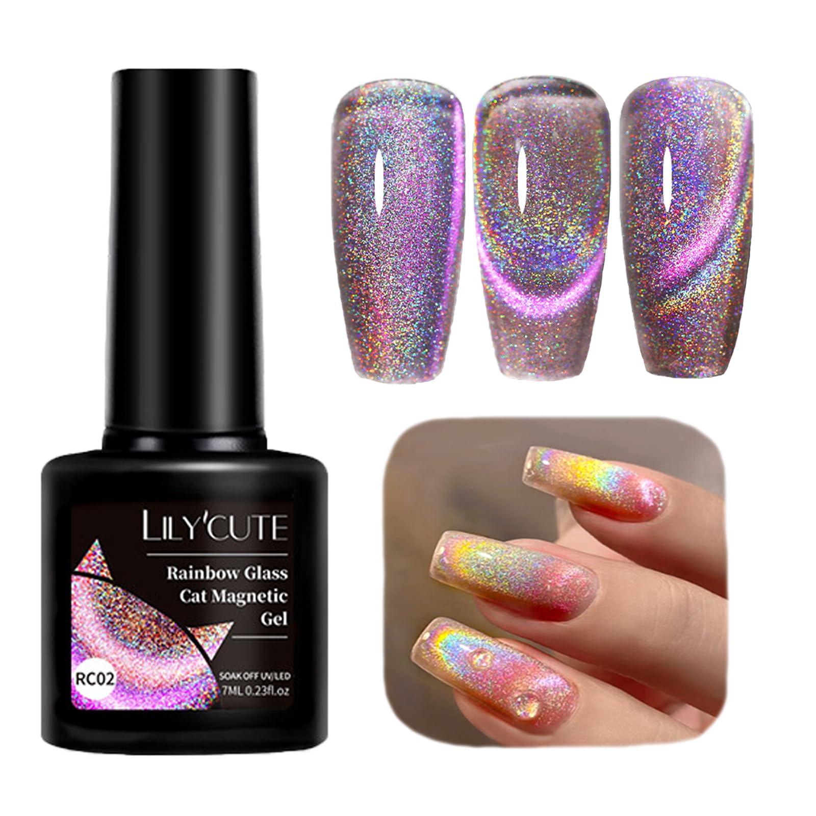 Rainbow Glitter Magnetic Gel Nail Polish - Holographic Sparkle Cat Eye Nail Lacquer for Galaxy Laser Nails (Purple) - Perfect for Manicures, Nail Art Designs & Special Occasions