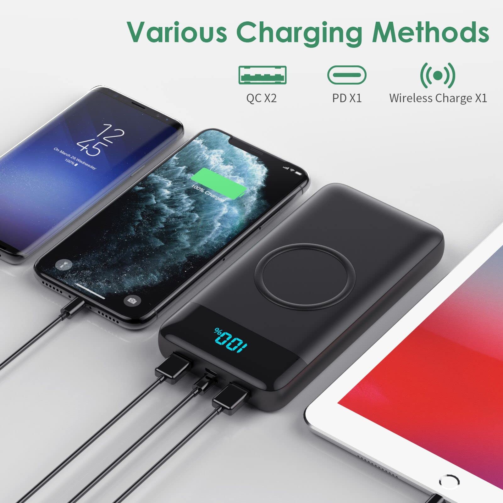 30,800mAh Wireless Portable Charger with 15W Wireless & 25W PD QC4.0 Fast Charging | Smart LCD Display USB-C Power Bank | 4 Output External Battery Pack for iPhone 16/15/14/13, Samsung Galaxy | Perfect for Travel, Camping, and Emergency Power Backup
