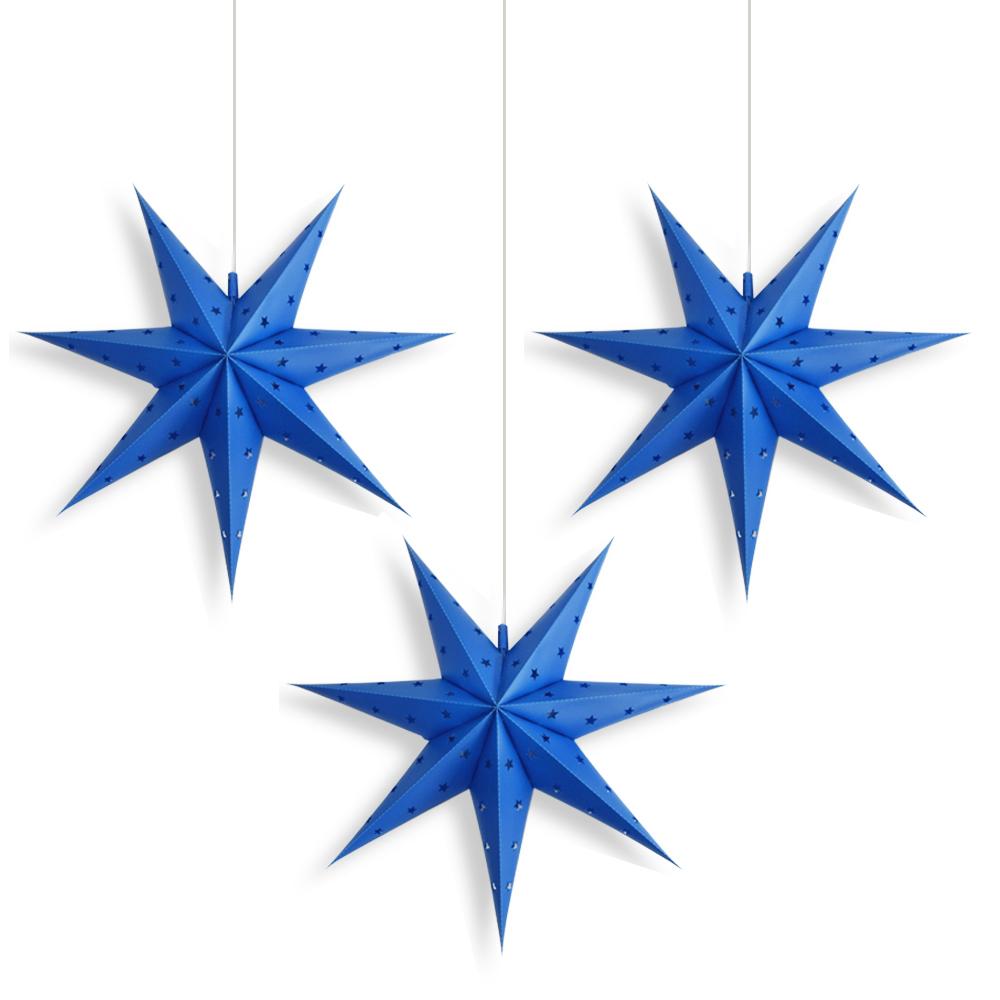 3 Pack 30 Inch Dark Blue 7-Point Weatherproof Outdoor Plastic Star Lantern with LED Bulbs & Cord - Perfect for Patio, Garden, Christmas & Holiday Decorations