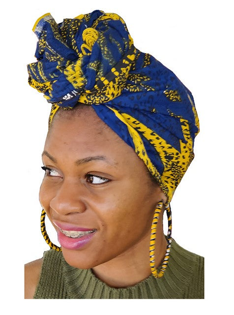 Royal Blue and Golden Yellow African Print Head Wrap - Stylish Hair Accessory for Women - Perfect for Parties, Weddings, and Cultural Events