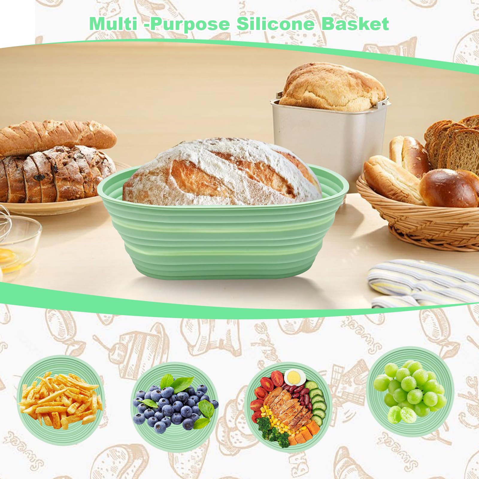 Premium Sourdough Bread Baking Kit - 2-Pack Silicone Banneton Proofing Baskets (9