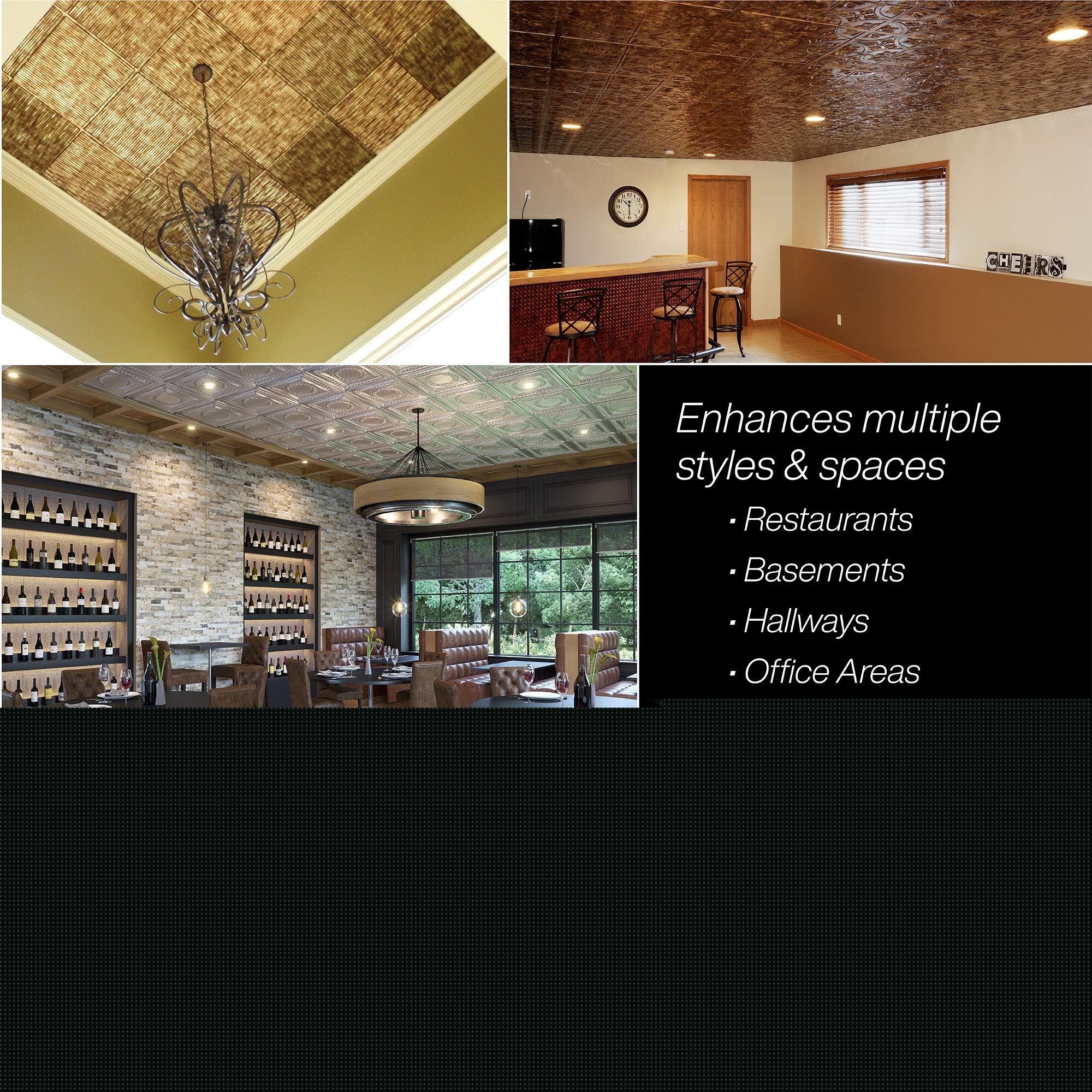 Oil-Rubbed Bronze FASÄDE Dome Decorative Vinyl Ceiling Tiles 2ft x 2ft (5 Pack) - Stylish Drop Ceiling Panels for Home, Office & Commercial Spaces