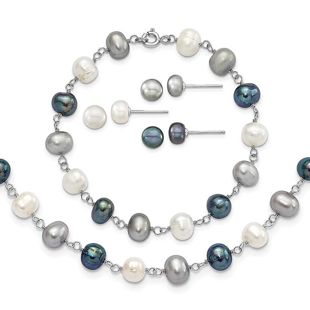925 Sterling Silver Freshwater Cultured Pearl Jewelry Set - Necklace, Bracelet & 3-Piece Earrings | Elegant Ball Button Design for Women | Perfect Gift for Her | Birthday, Anniversary, Wedding & Special Occasions
