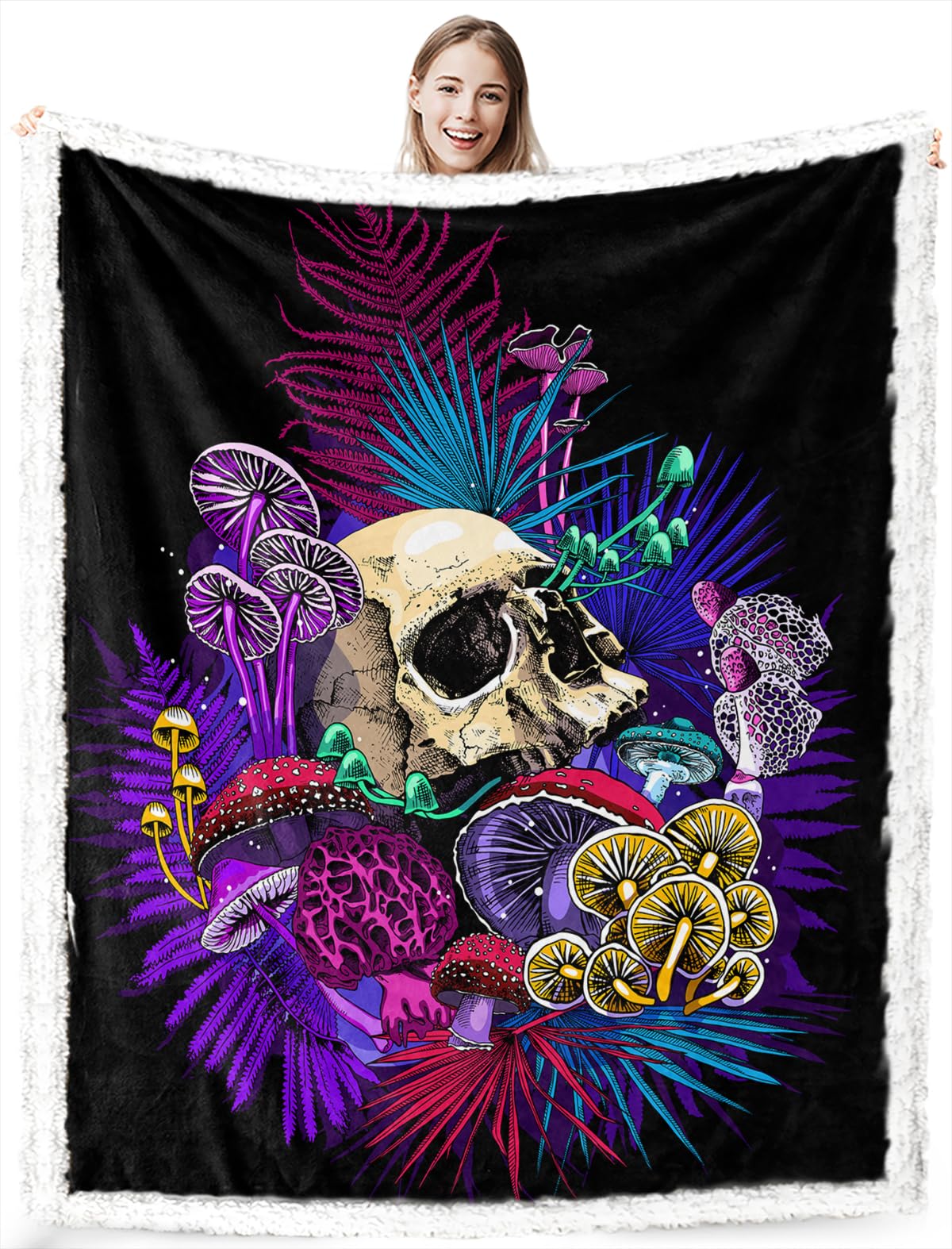 Soft Plush Mushroom Skull Throw Blanket 50x60 Inches - Gothic Sherpa Fleece Blanket for Couch, Sofa & Bed - Cozy Fluffy Blanket for Halloween, Christmas Gifts & Home Decor