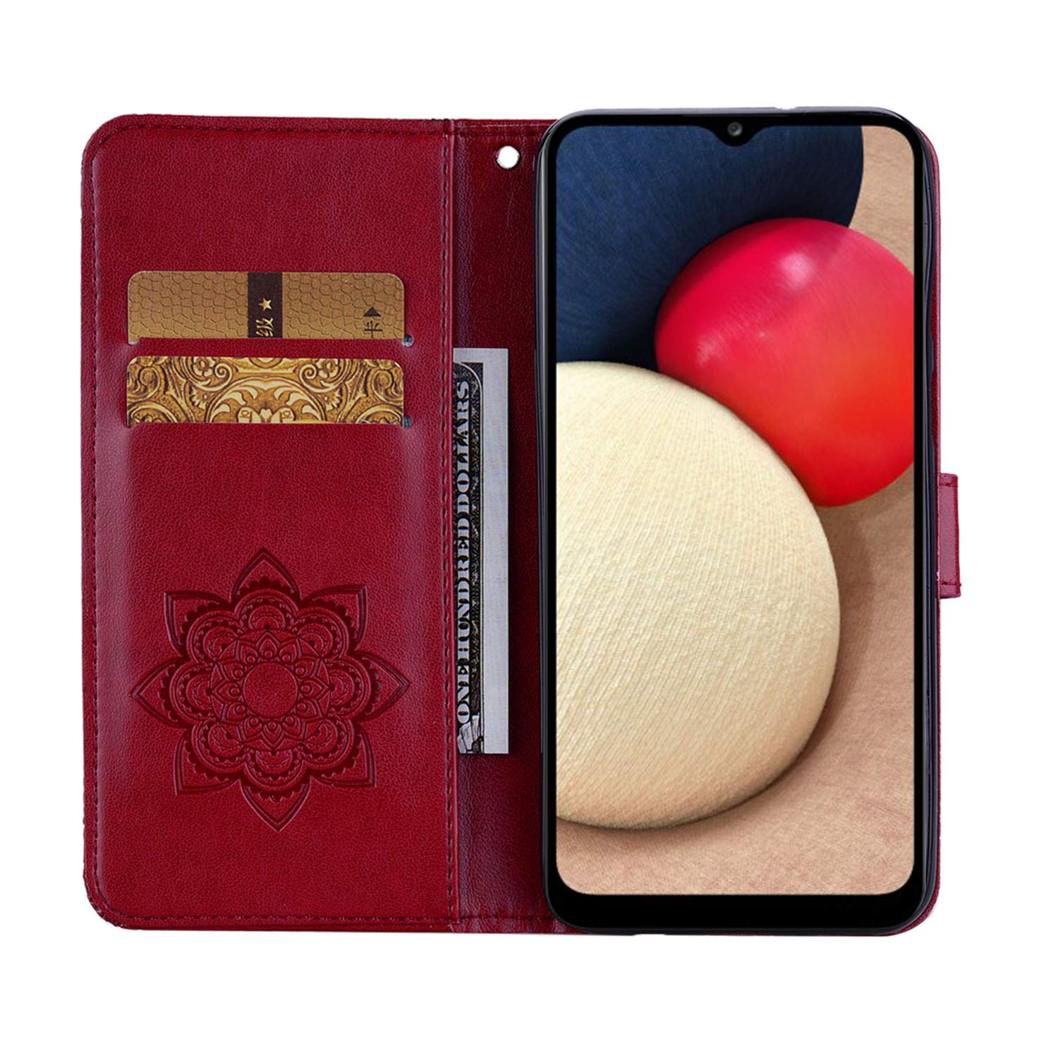 Samsung Galaxy A02S Case for Women - Glitter Bling Diamond PU Leather Wallet Flip Cover with Wrist Strap | Shockproof Protective Phone Case | Owl Red Design | Perfect for Daily Use, Work & Travel