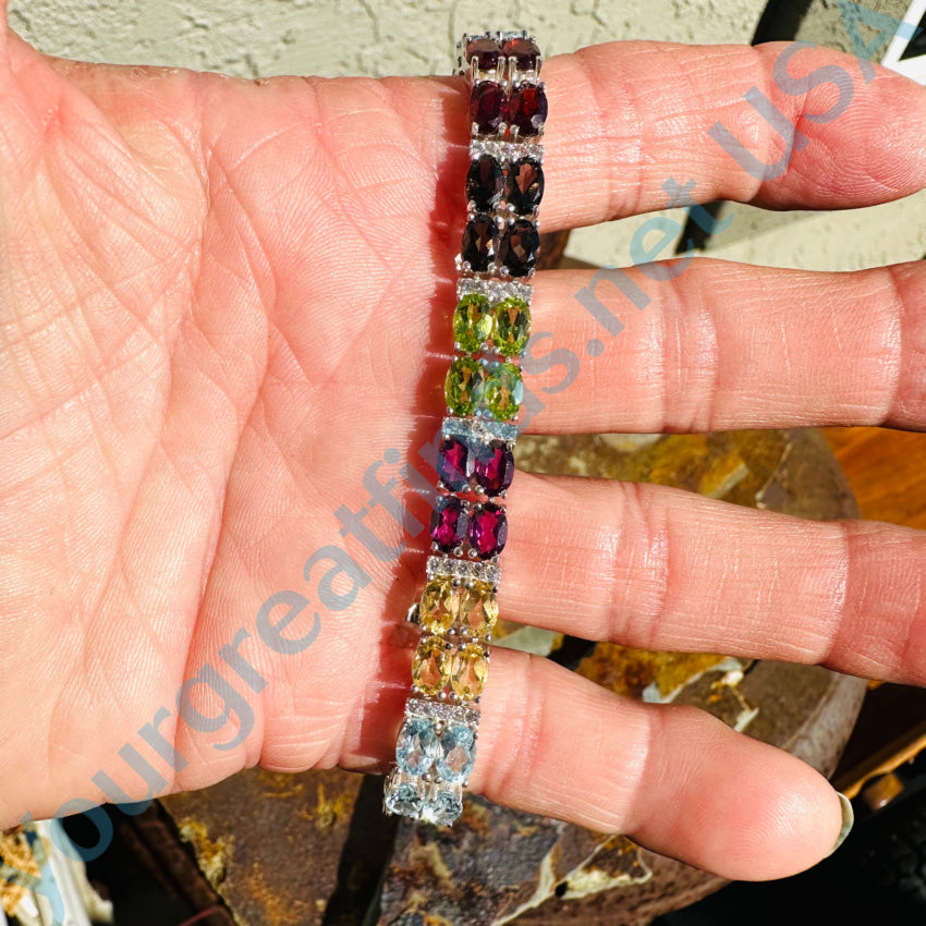 Sterling Silver Rainbow Gemstone Tennis Bracelet for Women - Elegant Stackable Bracelet with Multi-Color Stones for Everyday Wear, Gift Giving & Special Occasions