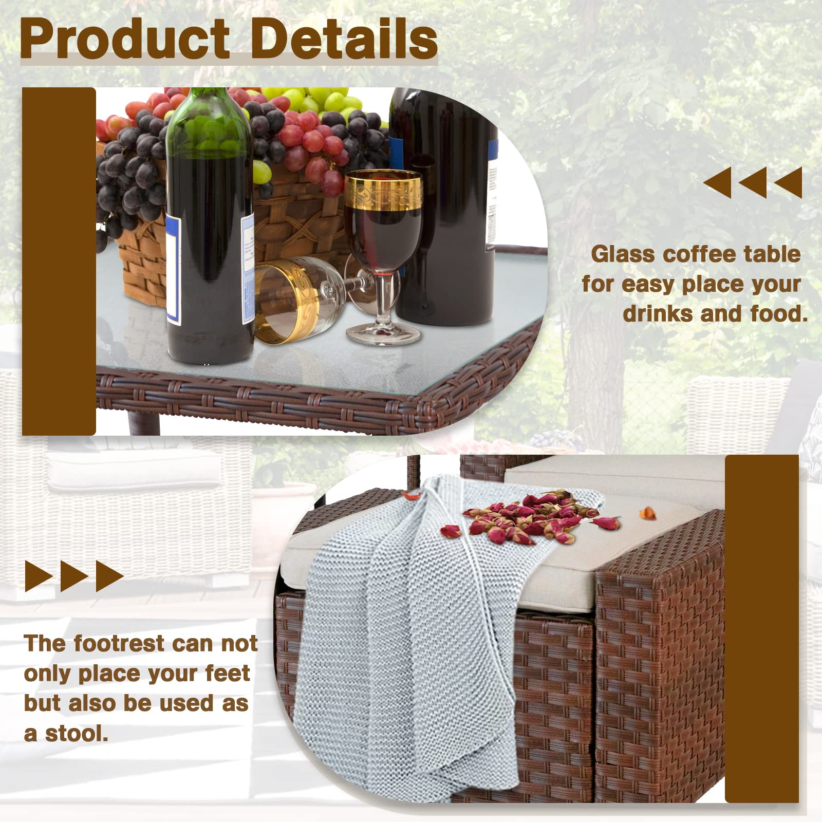 SOLAURA 5-Piece Outdoor Patio Furniture Set - Brown Wicker Lounge Chairs with Ottoman Footrest, Coffee Table & Beige Cushions for Garden, Backyard, Deck or Balcony - Perfect for Relaxing, Entertaining & Outdoor Lounging