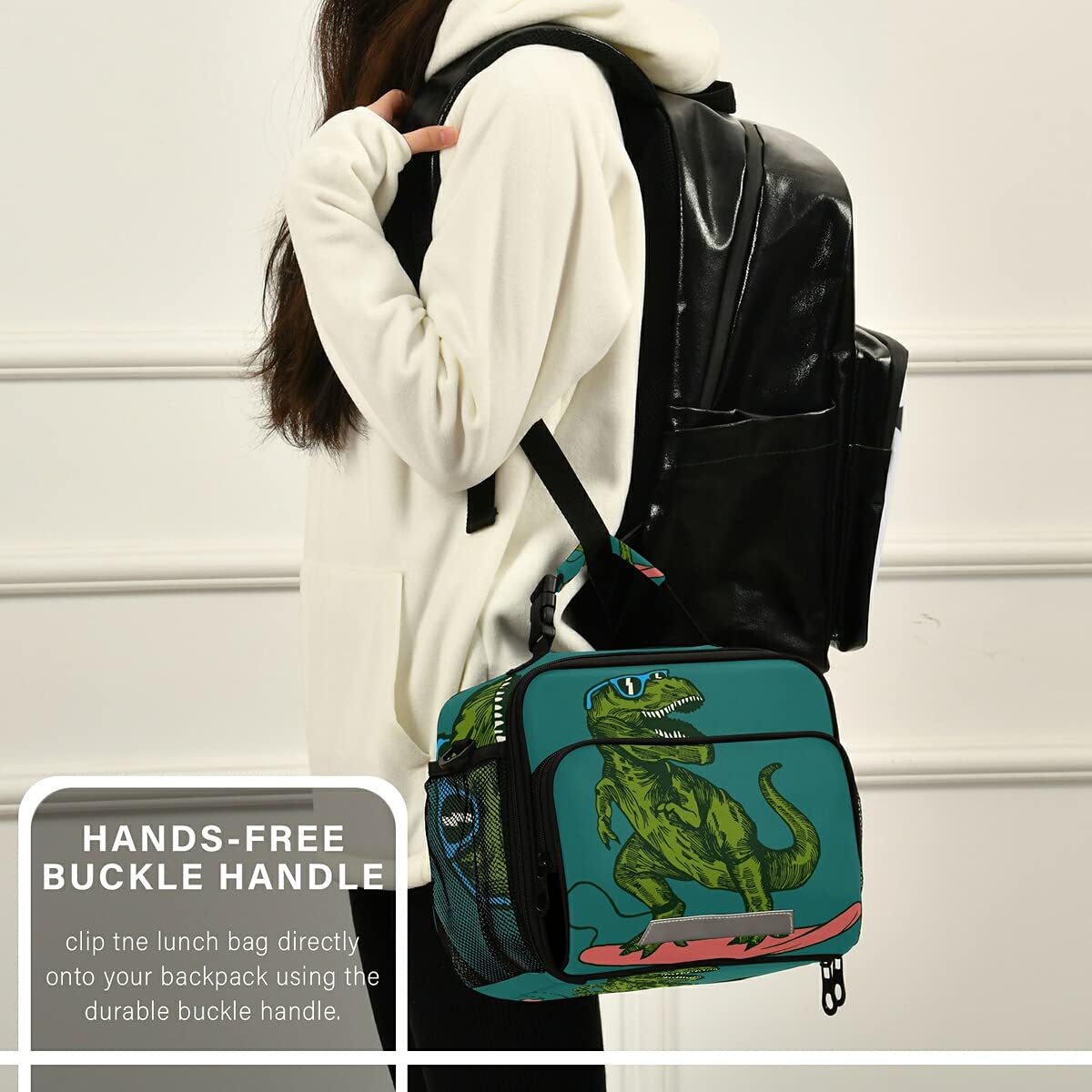 Dinosaur Lunch Box for Kids - Insulated Cooler Bag with Adjustable Shoulder Strap, Cute Surfer Dino Design - Perfect for School, Picnic, Beach & Skateboarding