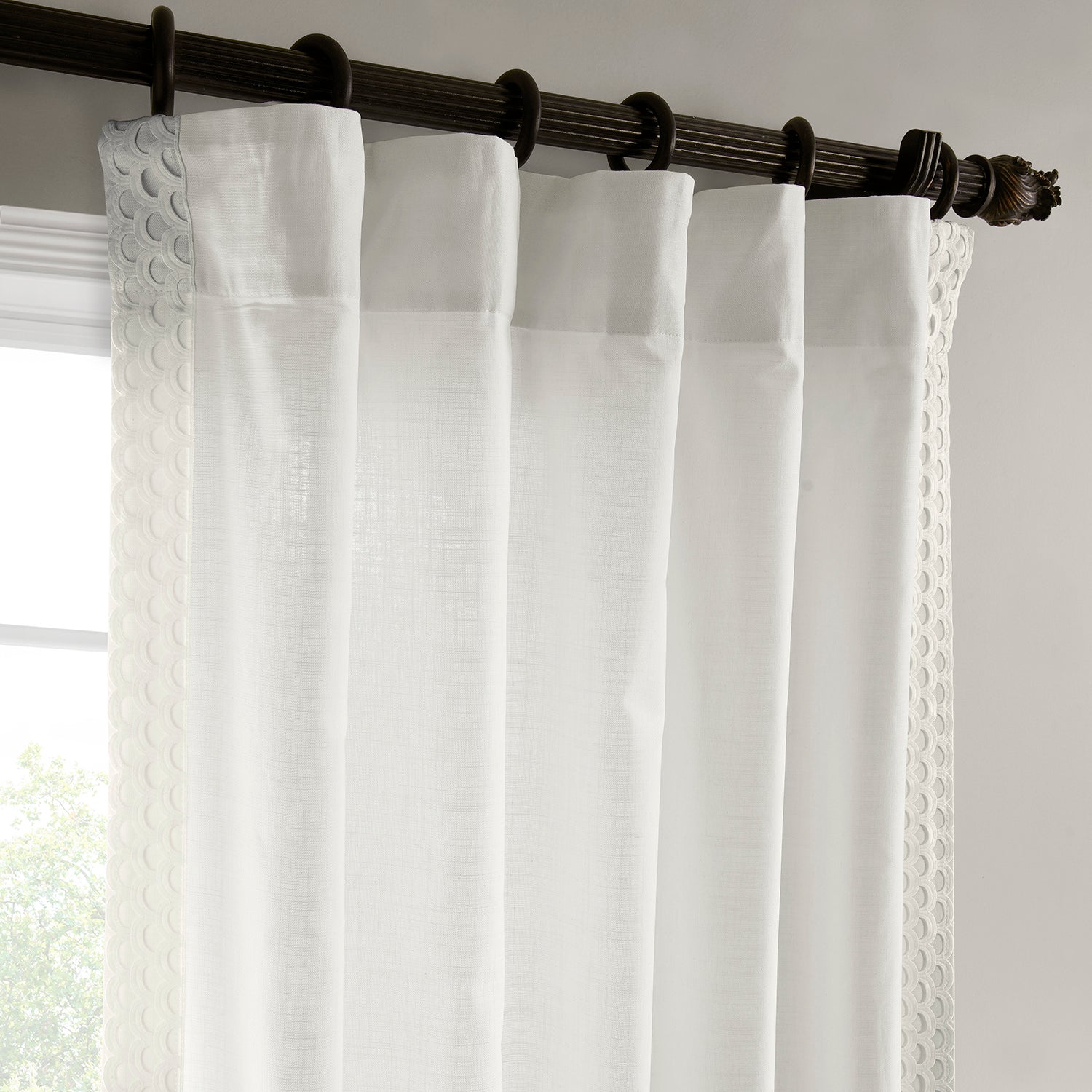 Scalloped White Bordered Modern Hampton Textured Cotton Light Filtering Curtains - Elegant Window Treatment for Living Room, Bedroom & Dining Room