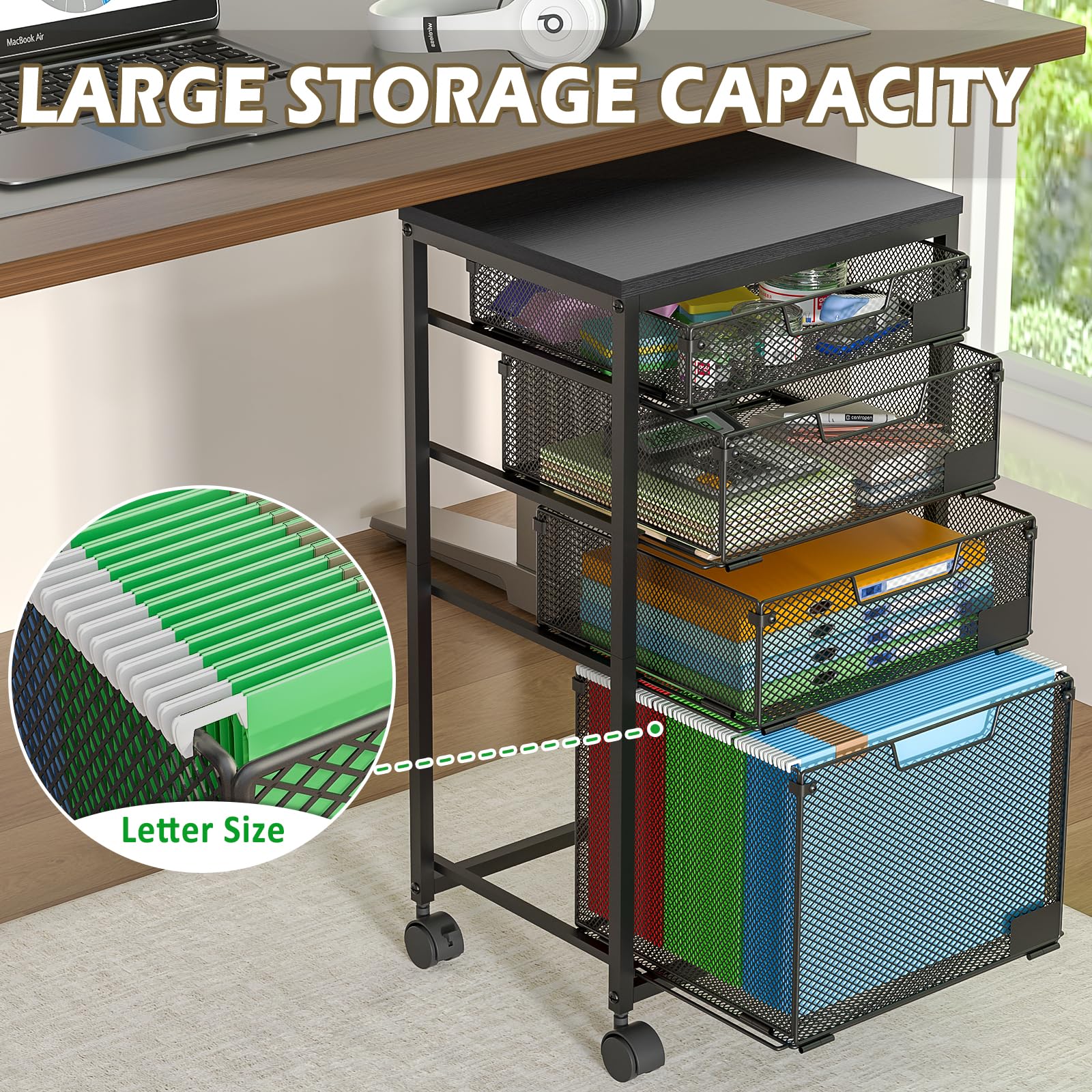 4-Drawer Rolling File Cart - Home Office Organizer with Wheels for Desks & Crafts