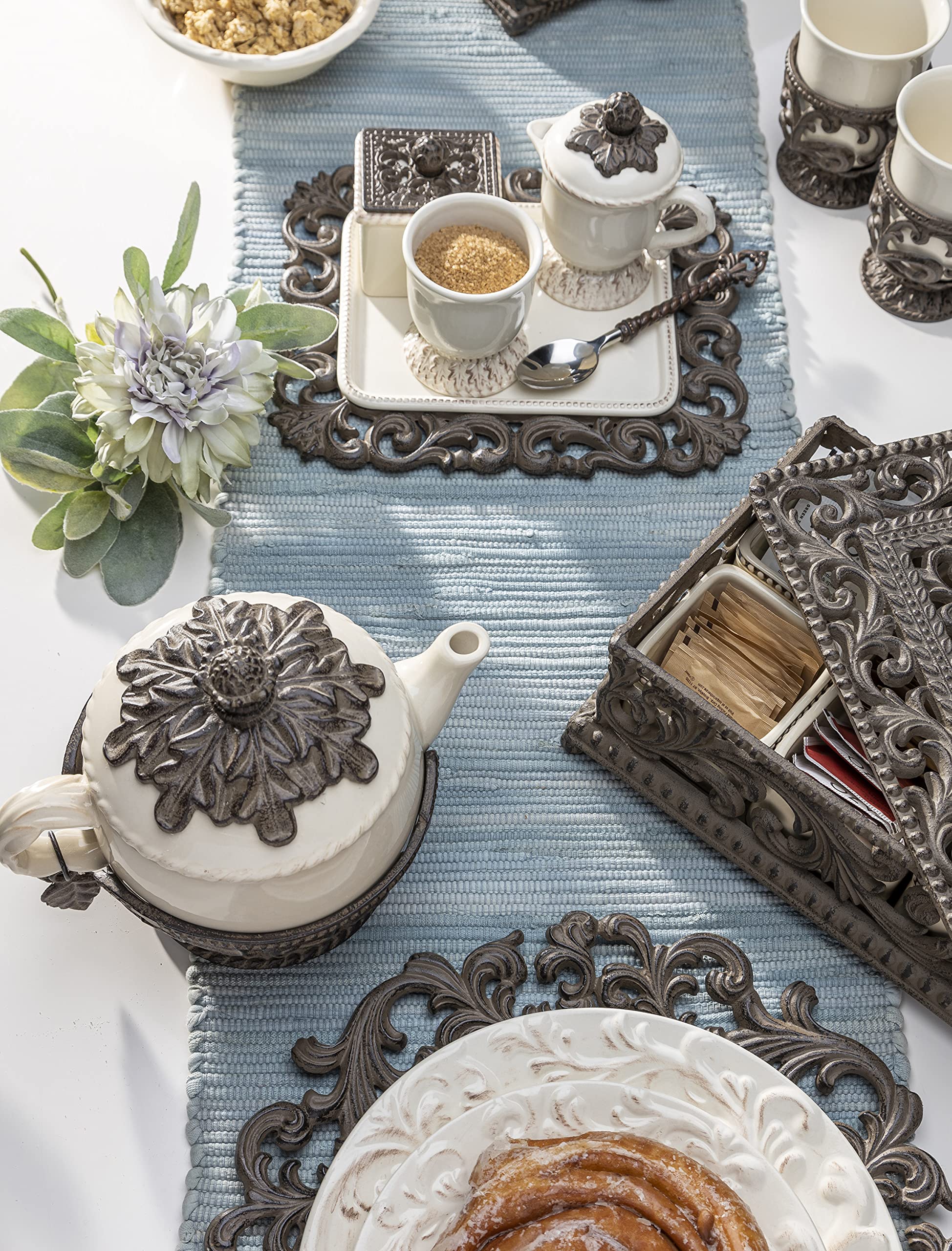 Elegant Cream Ceramic Tea Box with Sectioned Compartments & Acanthus Leaf Metal Accent - Perfect for Tea Storage, Gift Giving, and Kitchen Organization