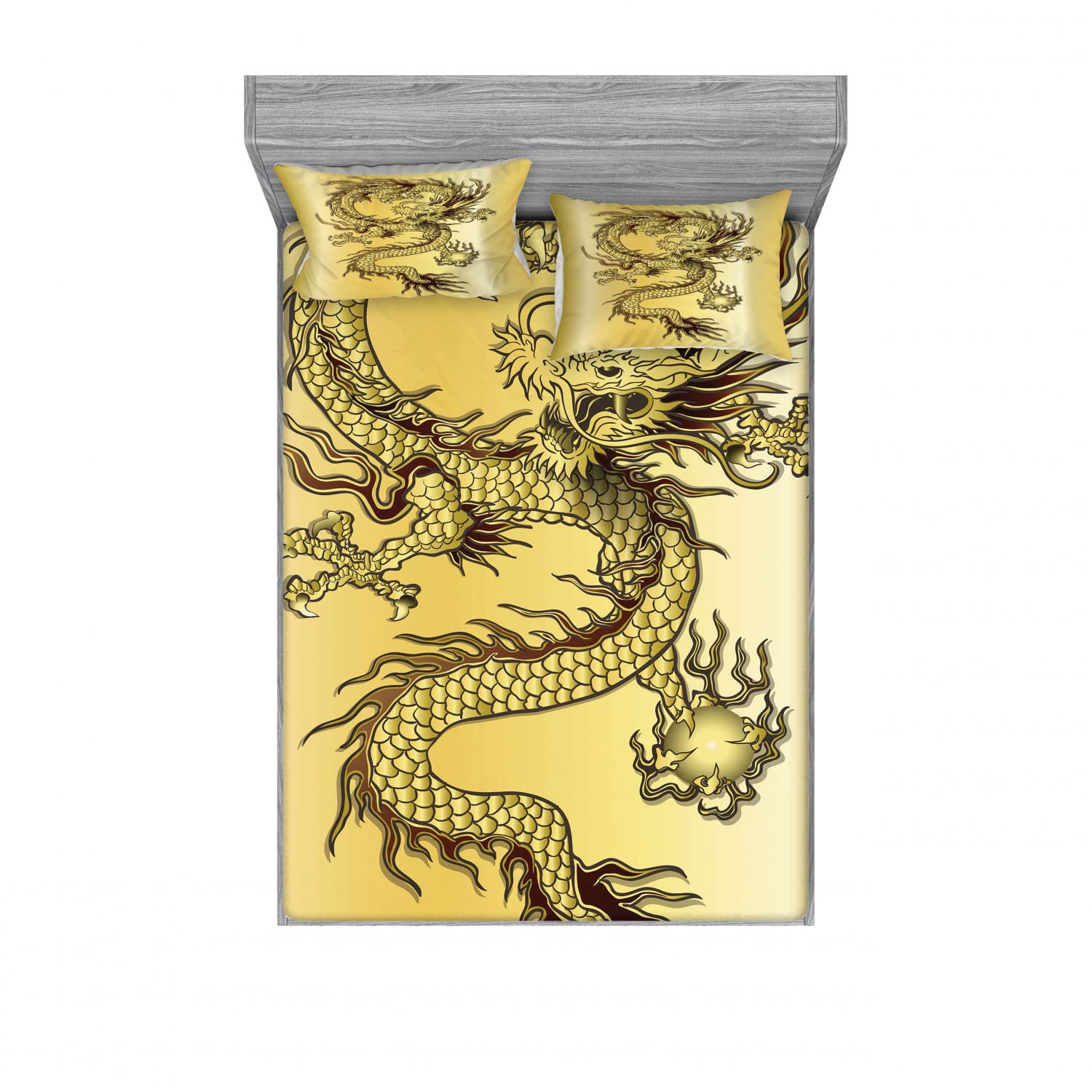Ambesonne Dragon King Size 2-Pack Fitted Sheet & Pillow Sham Set - Chinese Eastern Myth Inspired 4-Piece Bedding Decor (2 Fitted Sheets + 4 Pillow Covers) in Mustard & Black - Perfect for Themed Bedrooms, Asian Decor, and Fantasy Lovers