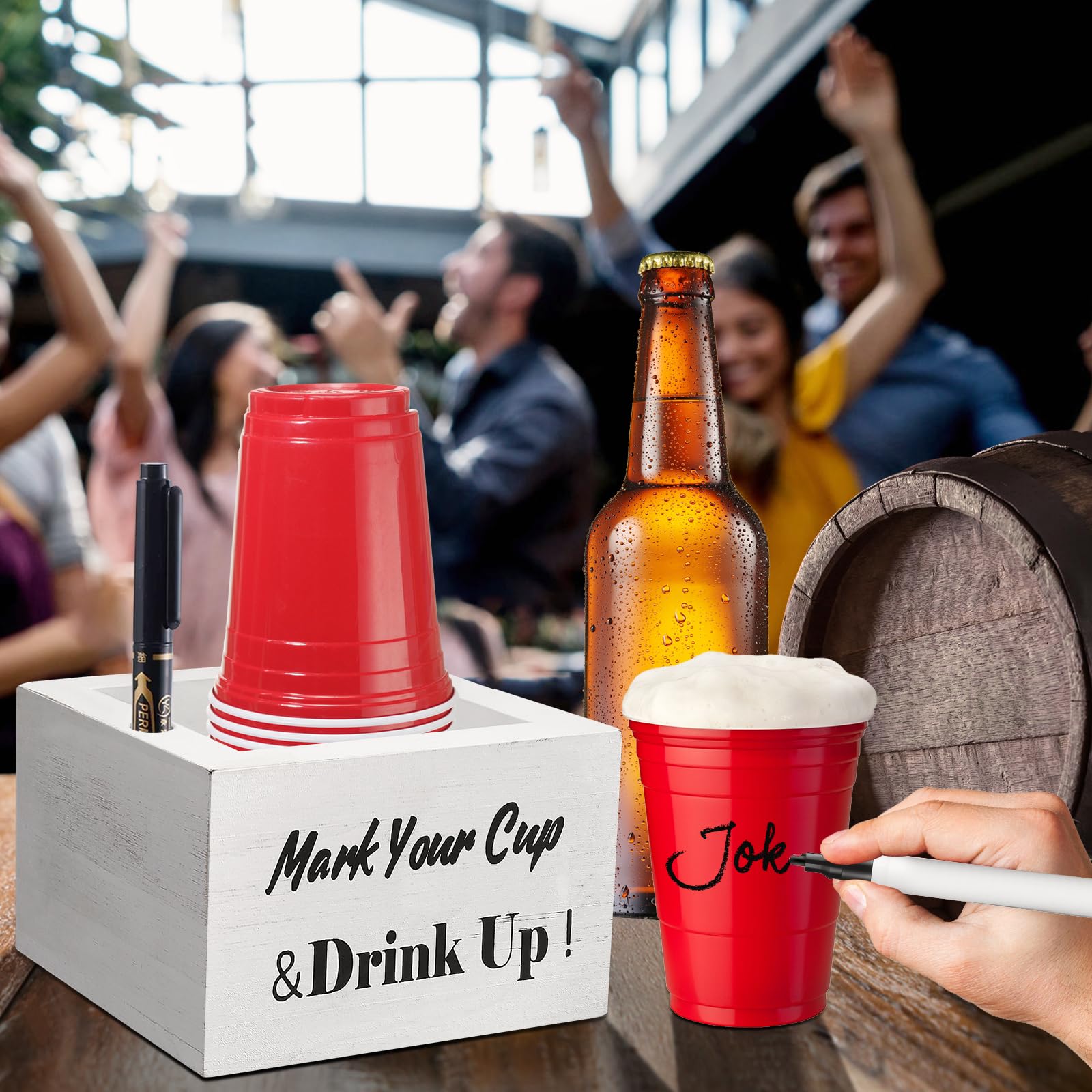 Rustic Wooden Cup Holder with Marker Slot - Disposable Party & Wedding Cup Holder for Bar, Kitchen, Countertop, Home & Office - Perfect for Events, Gatherings, and Daily Use (White)