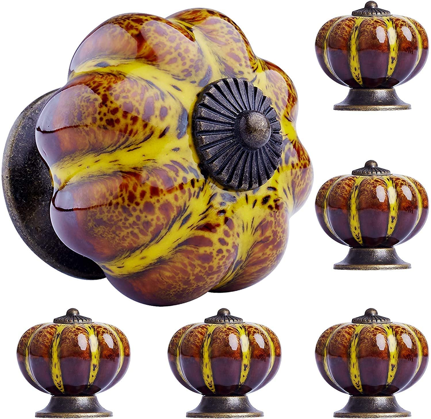OLAYA Vintage Ceramic Cabinet Knobs - 6 Pack Pumpkin Shaped Drawer Pulls for Dresser, Closet & Furniture (Pumpkin Yellow) | Perfect for Farmhouse, Rustic & Halloween Home Decor