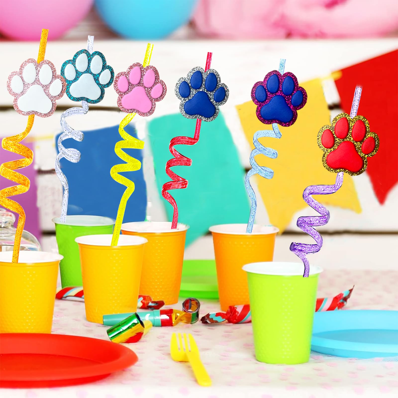 24 Pack Glitter Paw Print Drinking Straws + 2 Cleaning Brushes - Reusable Pet-Themed Straws for Dog Puppy Cat Birthday Parties, Baby Showers & Special Events - Fun Party Decorations & Drinkware Supplies