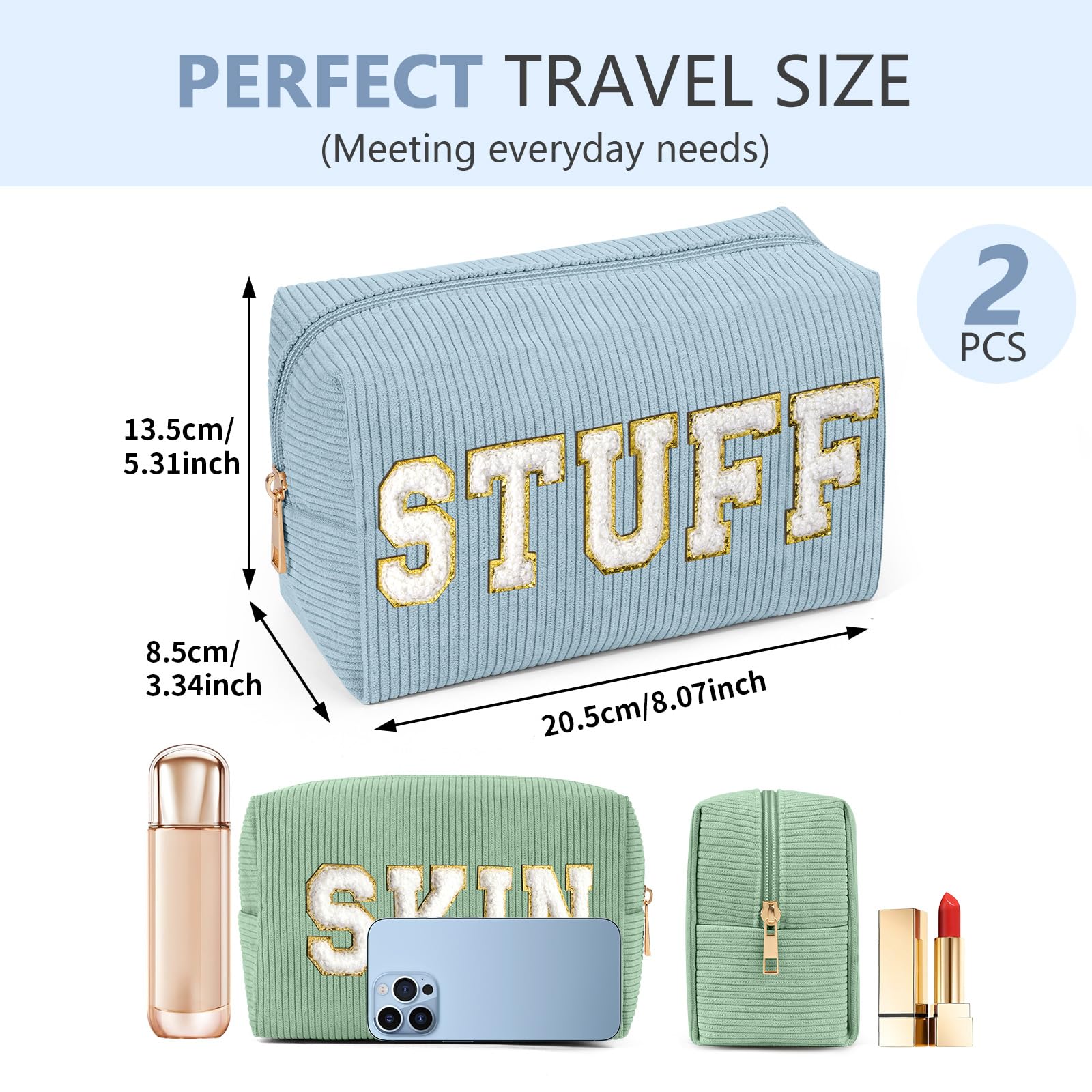 MAGEFY 2-Piece Corduroy Makeup Bag Set for Women - Small Preppy Cosmetic Pouch with Chenille Letter Patch (Green+SKIN & Blue+STUFF) | Travel Organizer, Gift for Her, Daily Essentials Storage