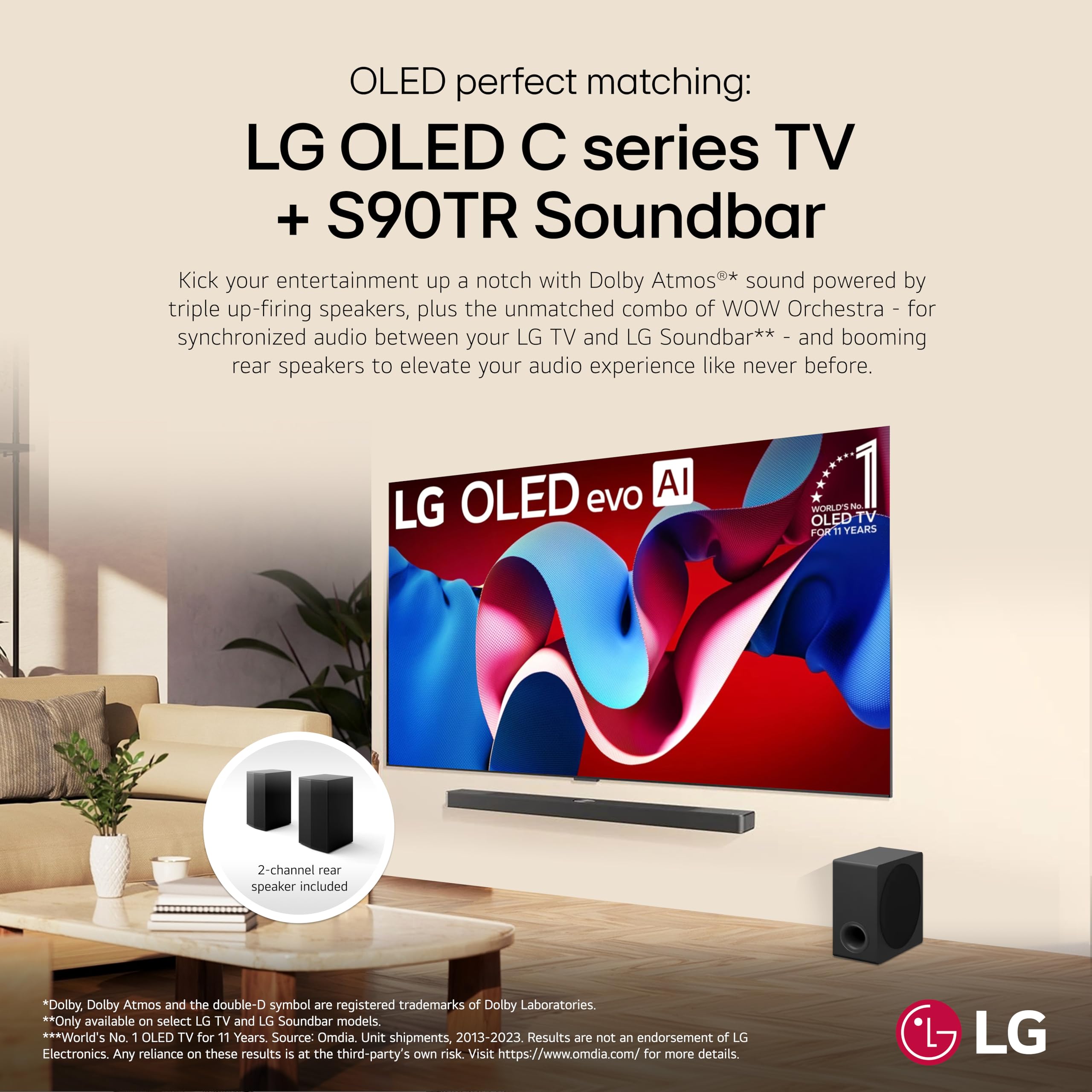 LG S90TR 7.1.3-Channel OLED evo TV Soundbar System with Wireless Subwoofer & Rear Speakers - Dolby Atmos, Wow Orchestra, WOWCAST (2024 Model) - Perfect for Home Theater, Movie Nights & Gaming Setup