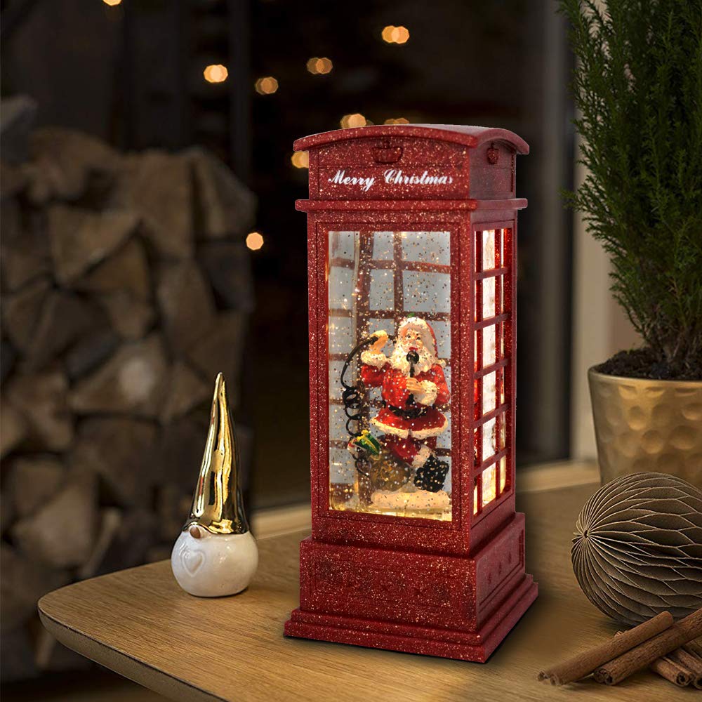 Eldnacele Christmas Snow Globe Lantern Phone Booth - Battery Operated Festive Ornament with Swirling Water & Glitter, Timer Function - Perfect for Holiday Tabletop Centerpiece, Home Decor, Gift Giving & Winter Wonderland Displays